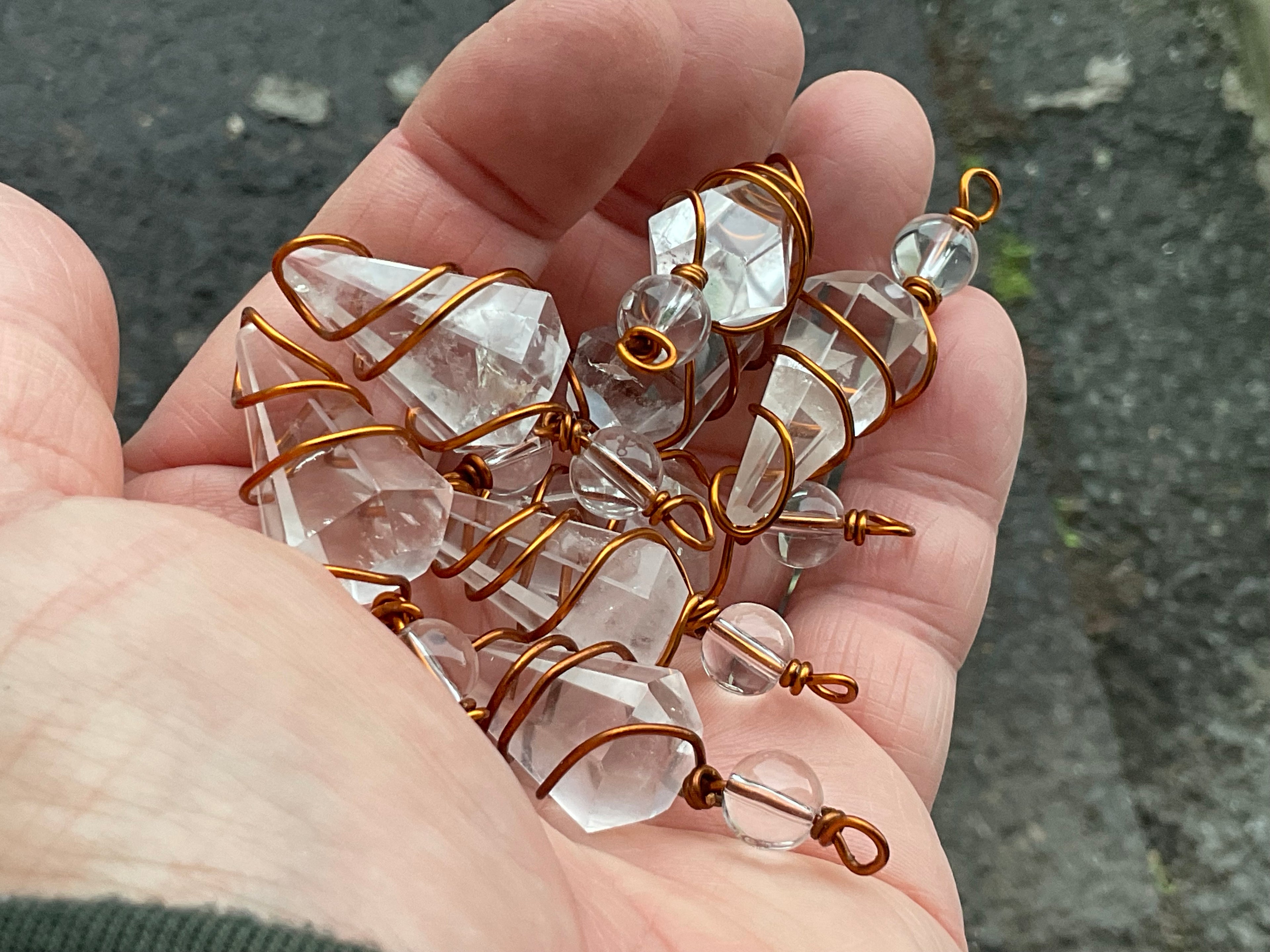Clear Quartz Copper Wire Wrapped Pendulum Shaped Pendant 3D