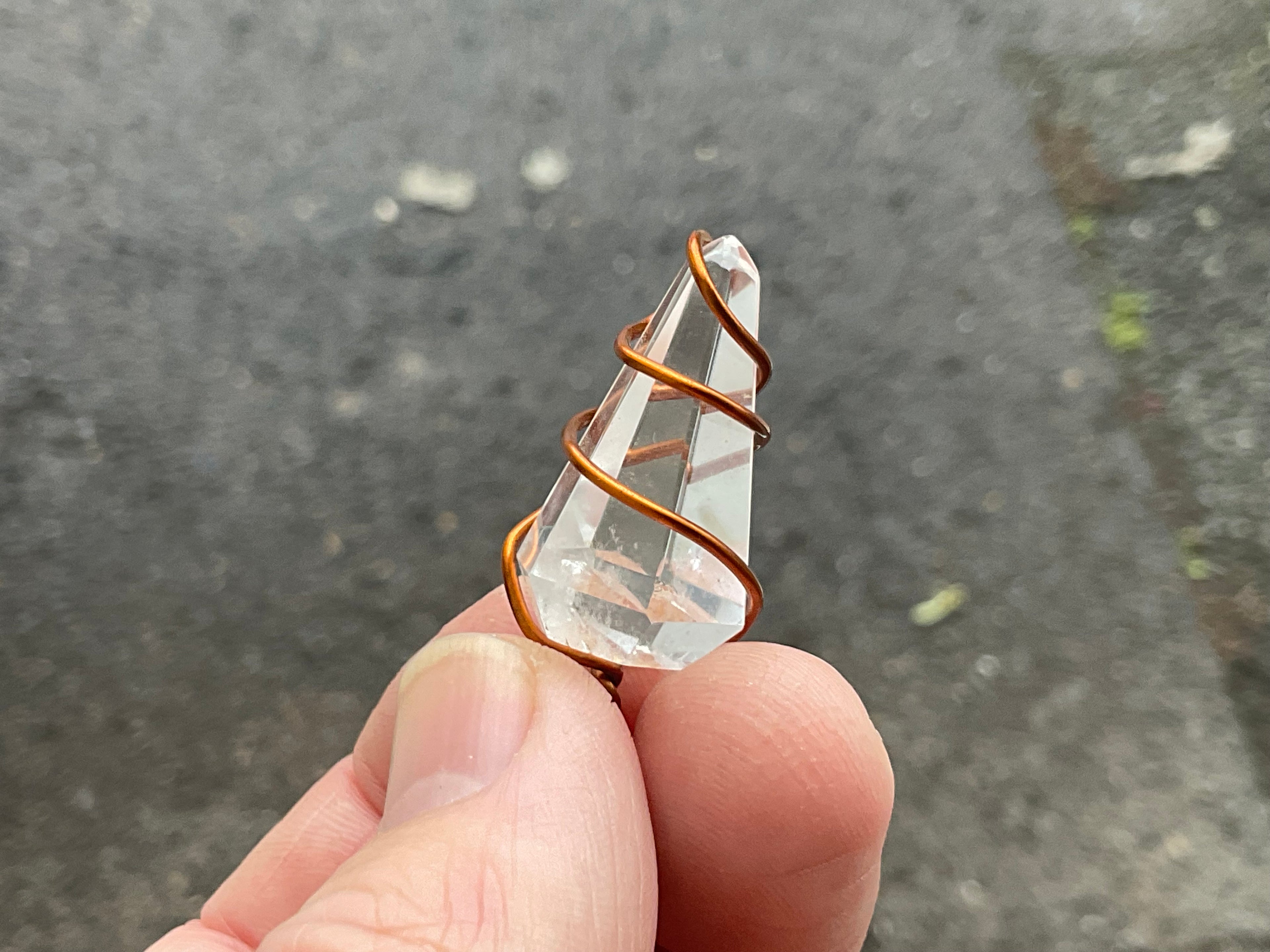 Clear Quartz Copper Wire Wrapped Pendulum Shaped Pendant 3D