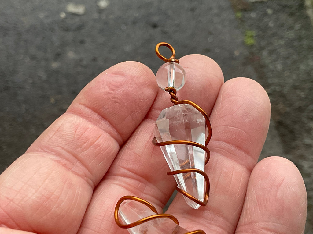 Clear Quartz Copper Wire Wrapped Pendulum Shaped Pendant 3D