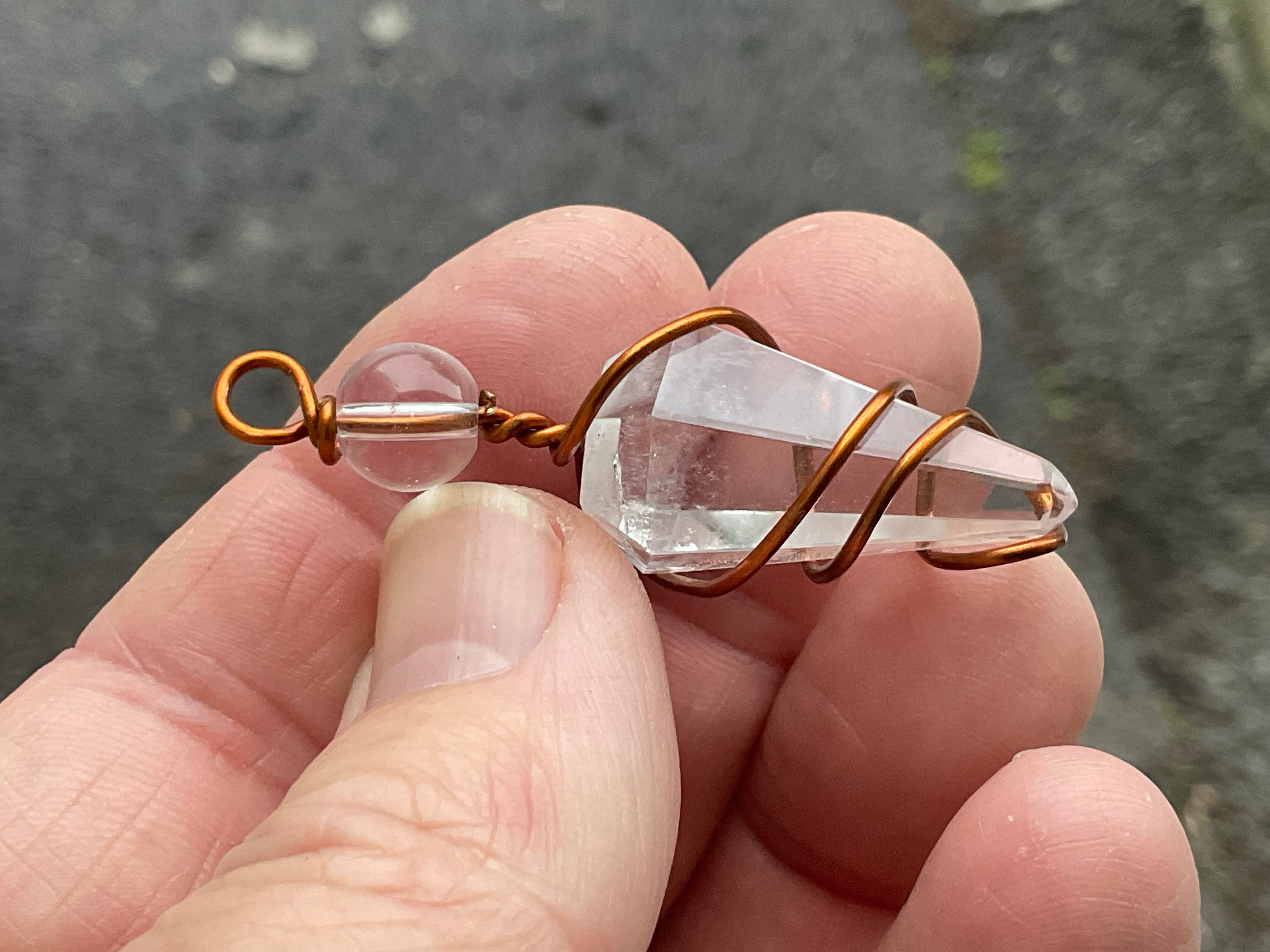 Clear Quartz Copper Wire Wrapped Pendulum Shaped Pendant 3D