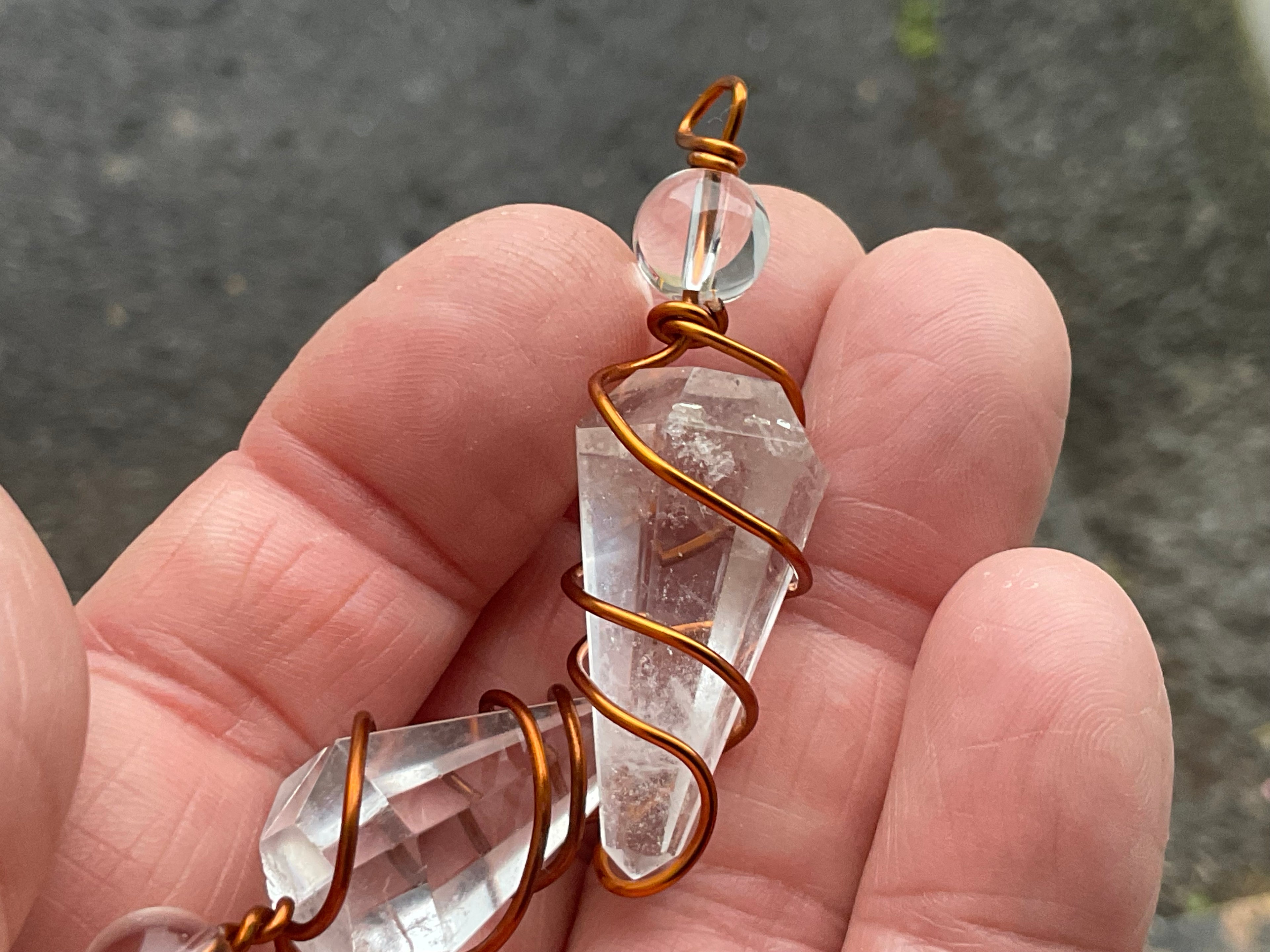 Clear Quartz Copper Wire Wrapped Pendulum Shaped Pendant 3D