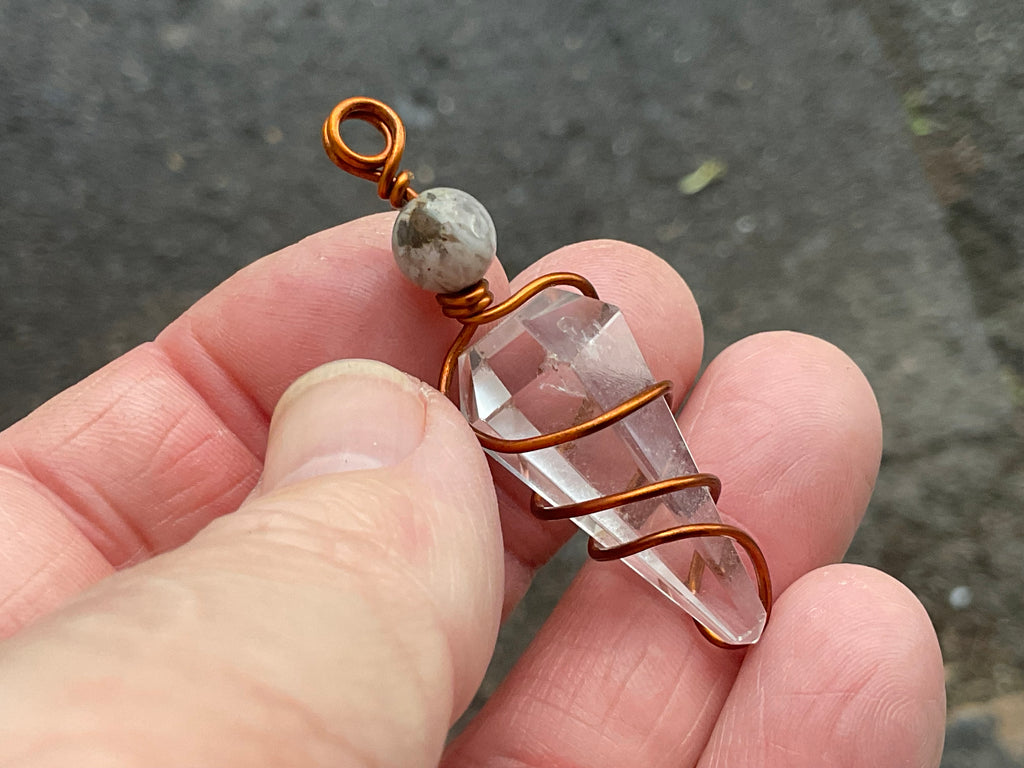 Clear Quartz Copper Wire Wrapped Pendulum Shaped Pendant 3D