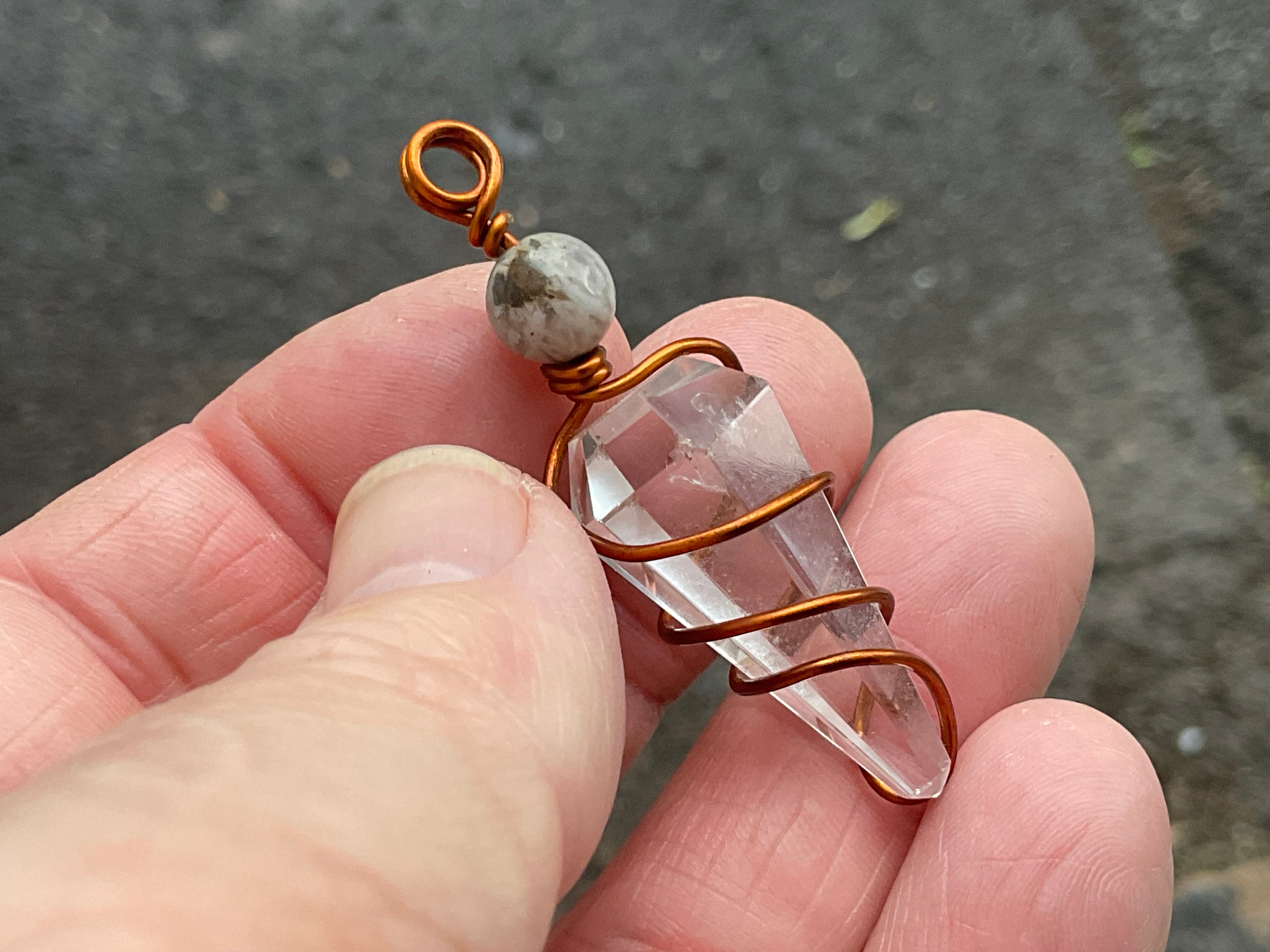 Clear Quartz Copper Wire Wrapped Pendulum Shaped Pendant 3D