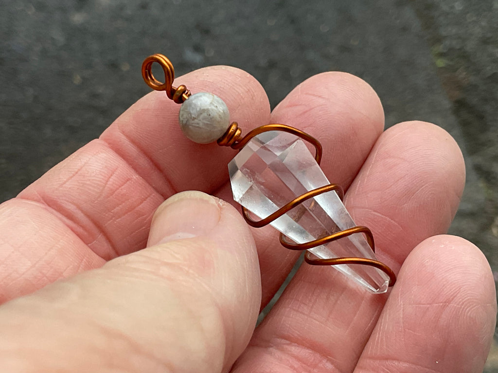 Clear Quartz Copper Wire Wrapped Pendulum Shaped Pendant 3D