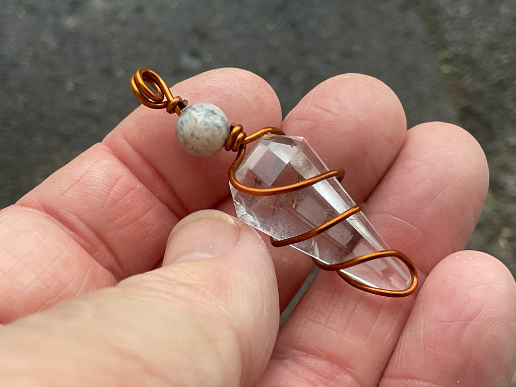 Clear Quartz Copper Wire Wrapped Pendulum Shaped Pendant 3D