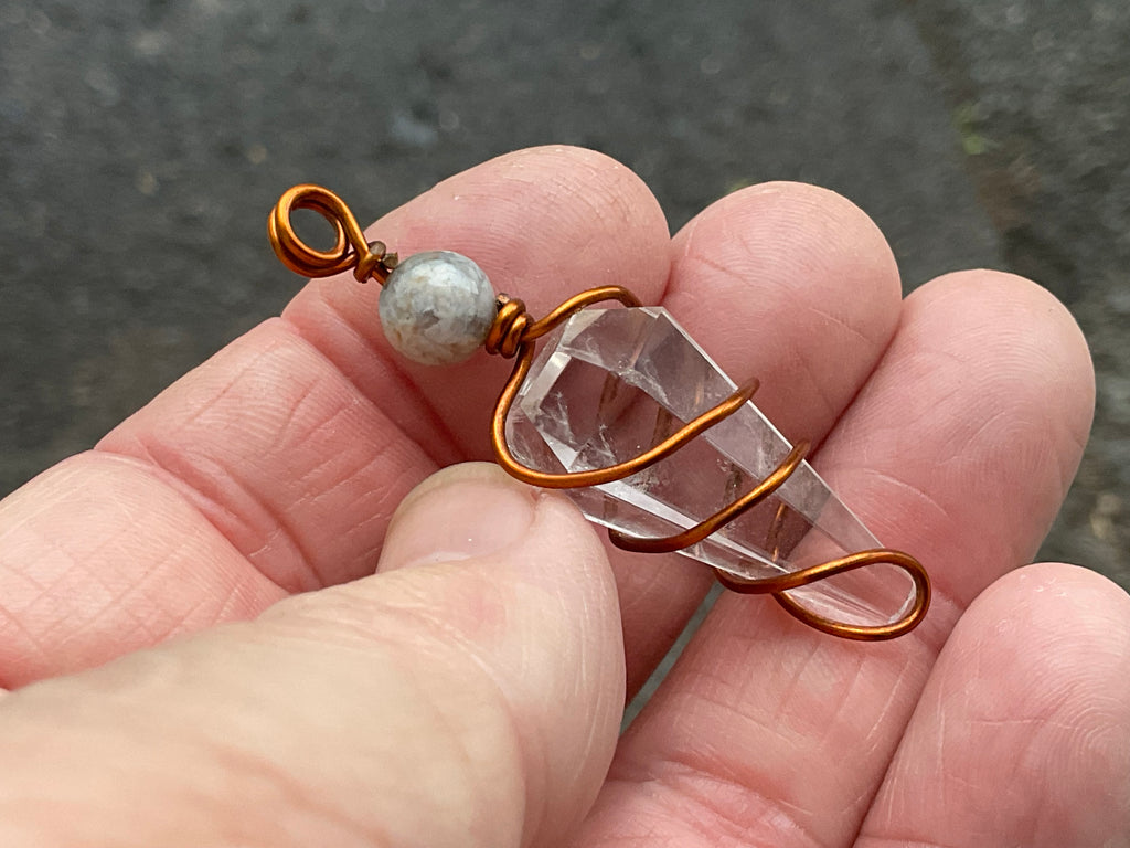 Clear Quartz Copper Wire Wrapped Pendulum Shaped Pendant 3D