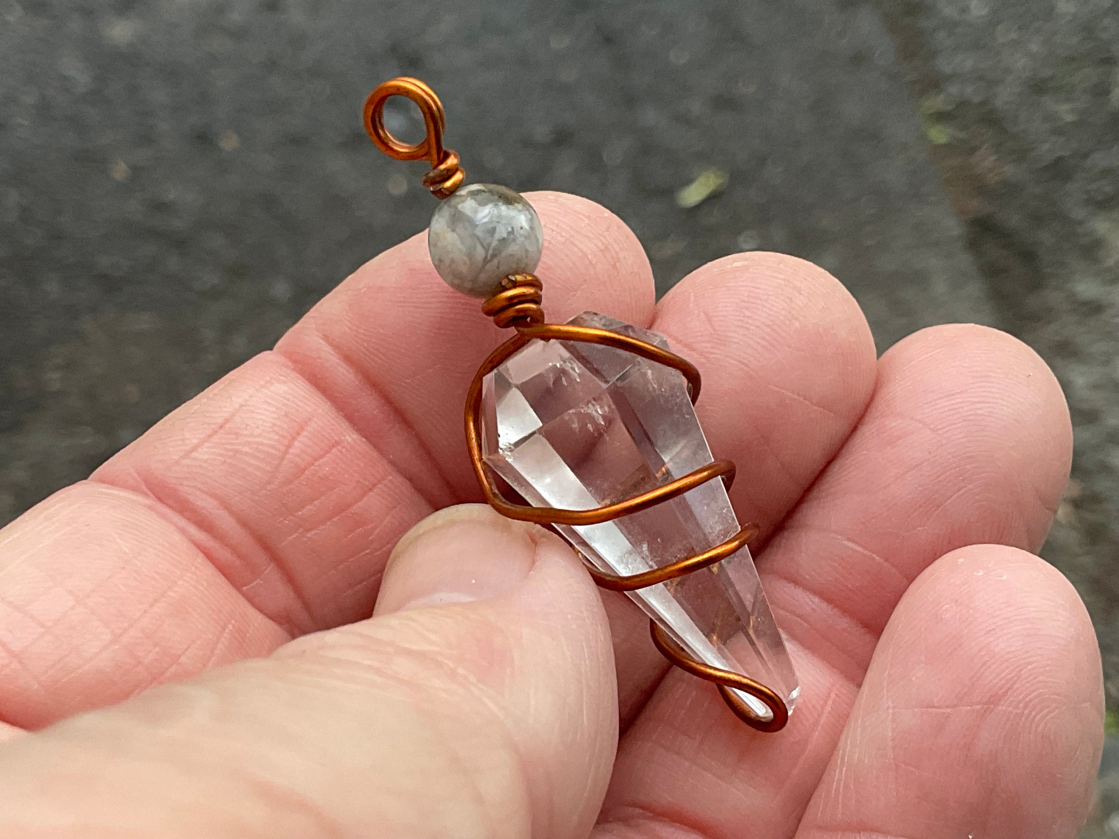 Clear Quartz Copper Wire Wrapped Pendulum Shaped Pendant 3D