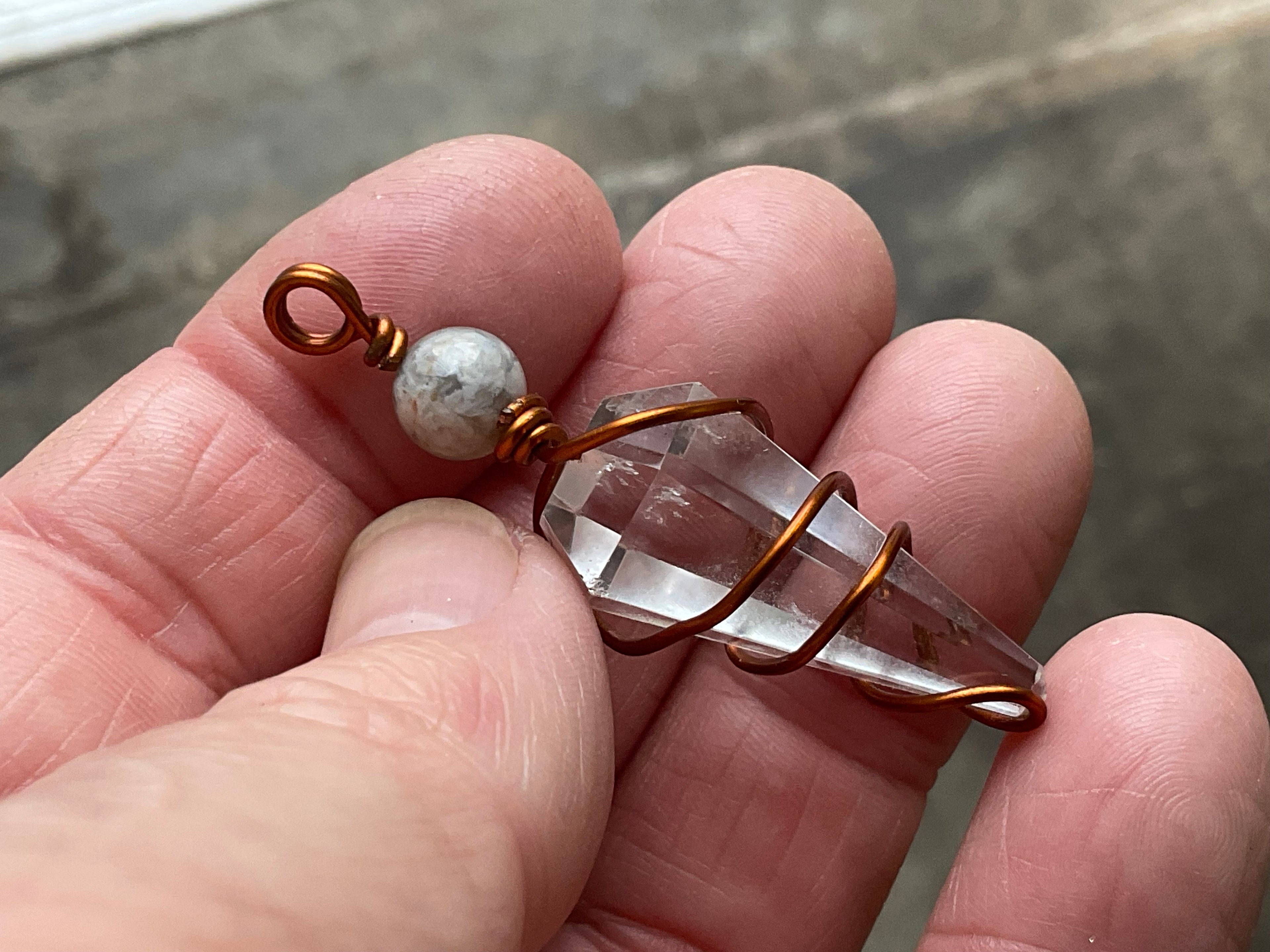 Clear Quartz Copper Wire Wrapped Pendulum Shaped Pendant 3D