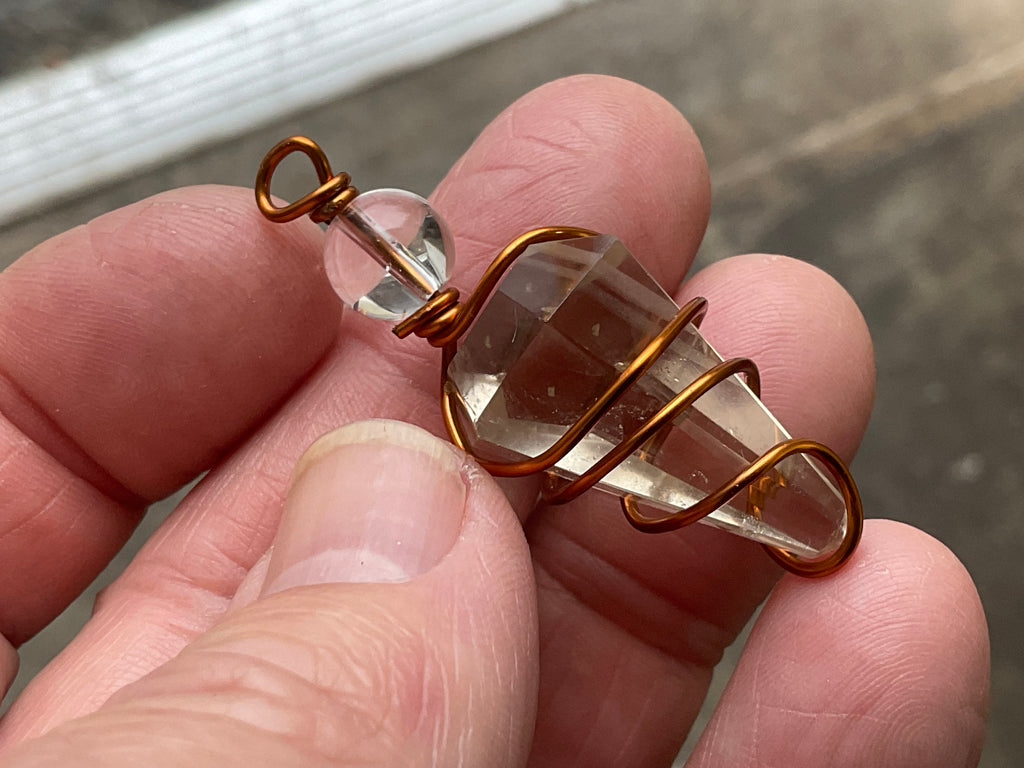 Clear Quartz Copper Wire Wrapped Pendulum Shaped Pendant 3D