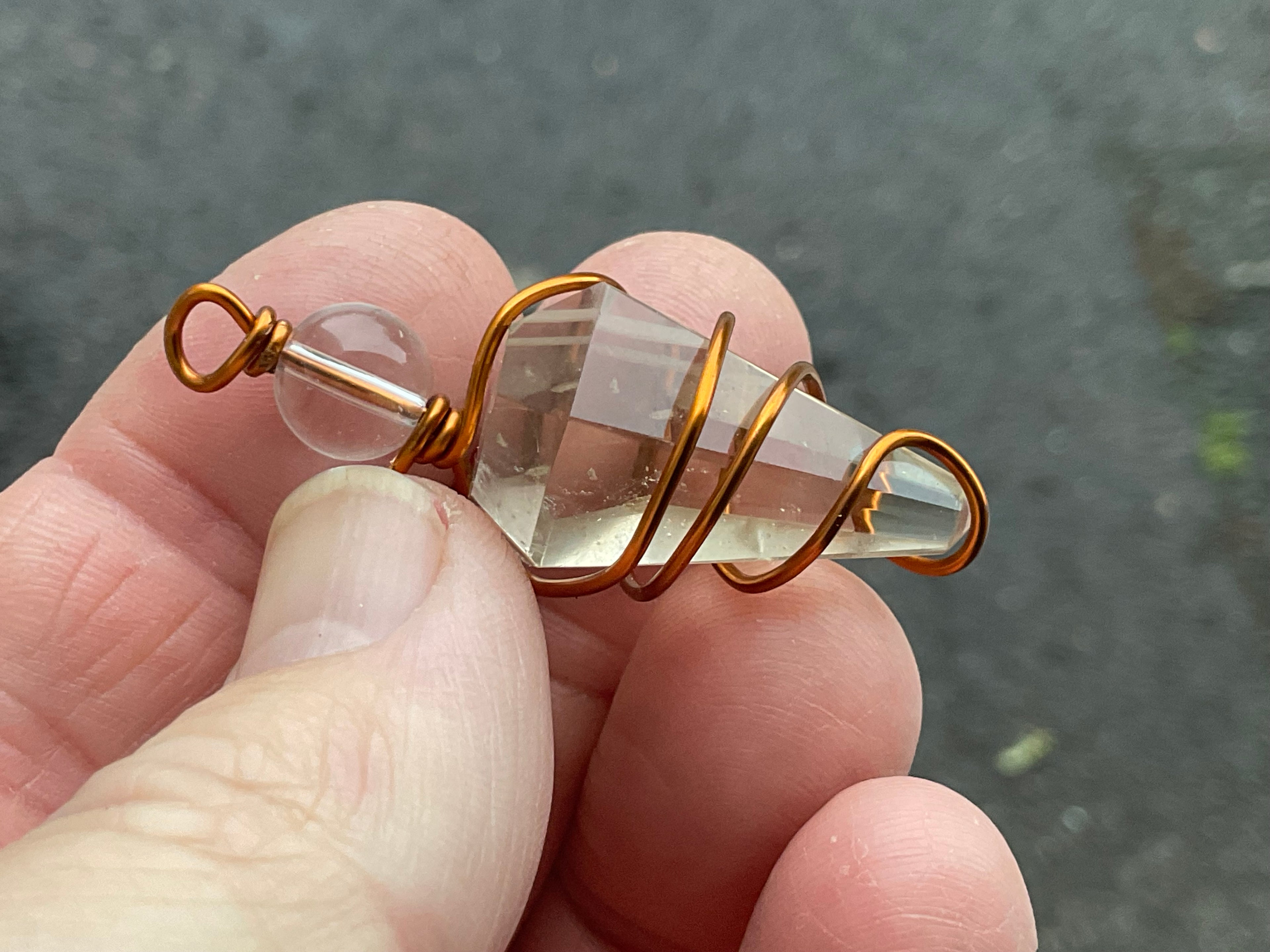 Clear Quartz Copper Wire Wrapped Pendulum Shaped Pendant 3D