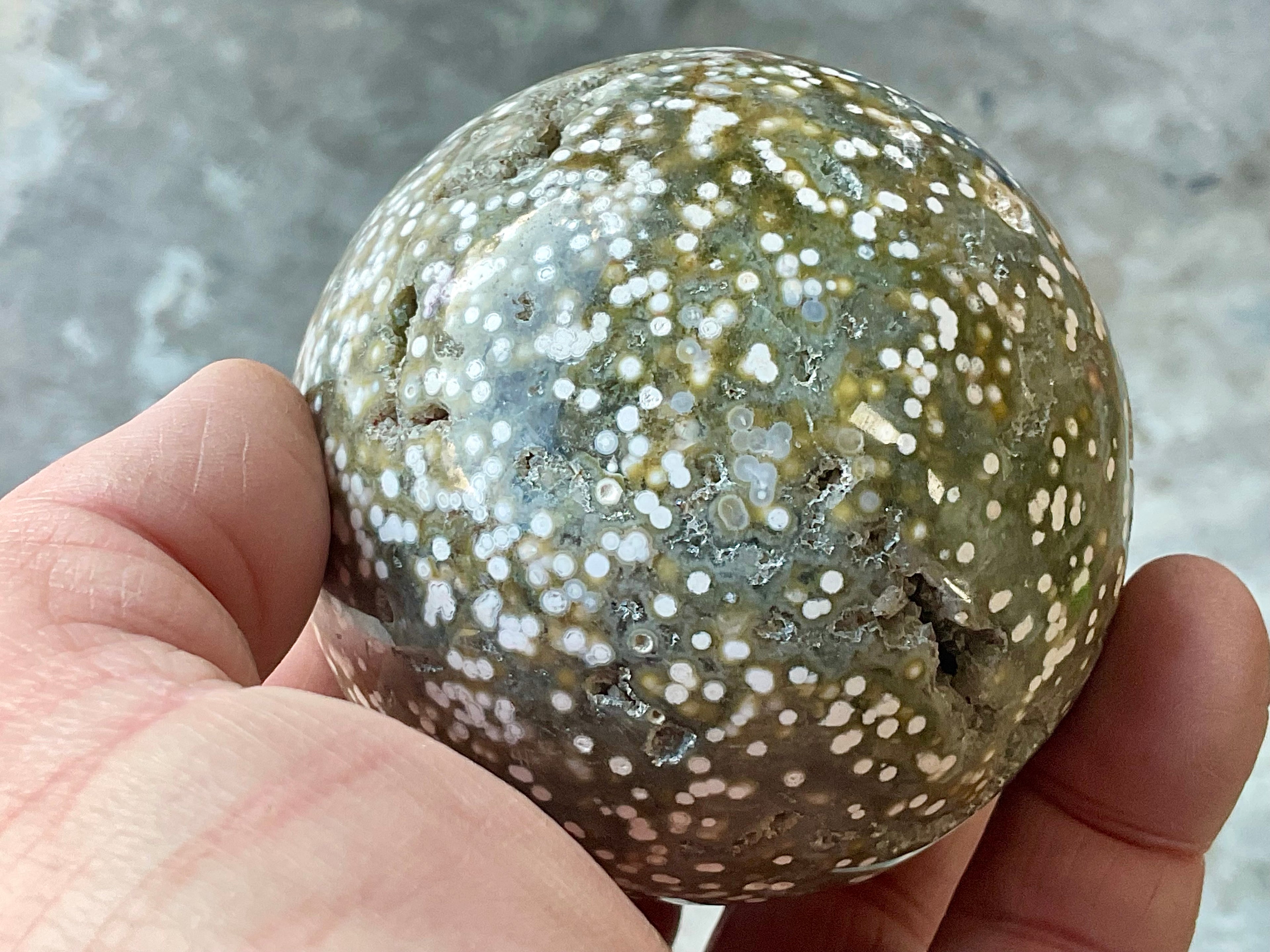454g Extreme Orbicular Ocean Jasper Sphere 1B