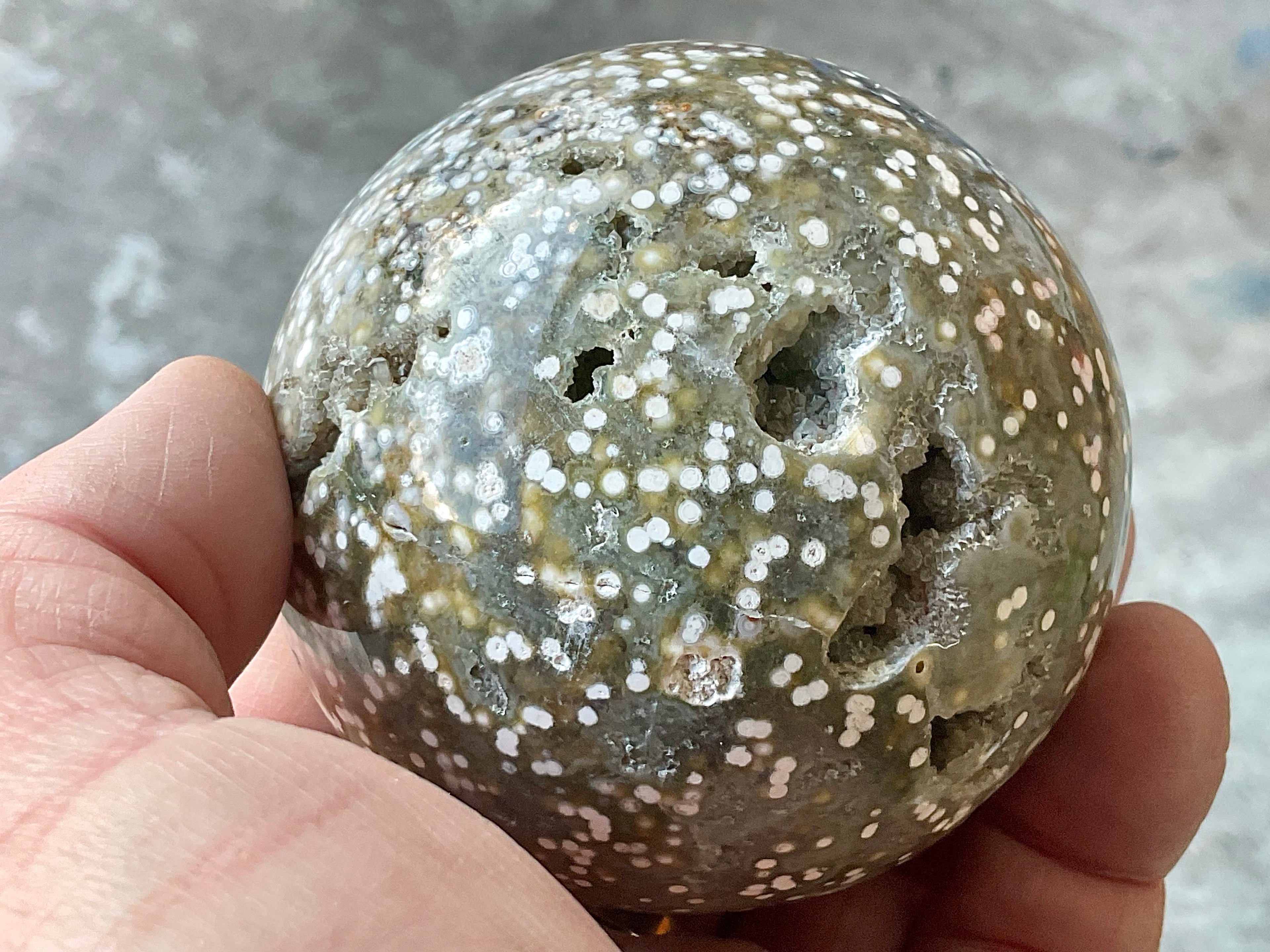 454g Extreme Orbicular Ocean Jasper Sphere 1B