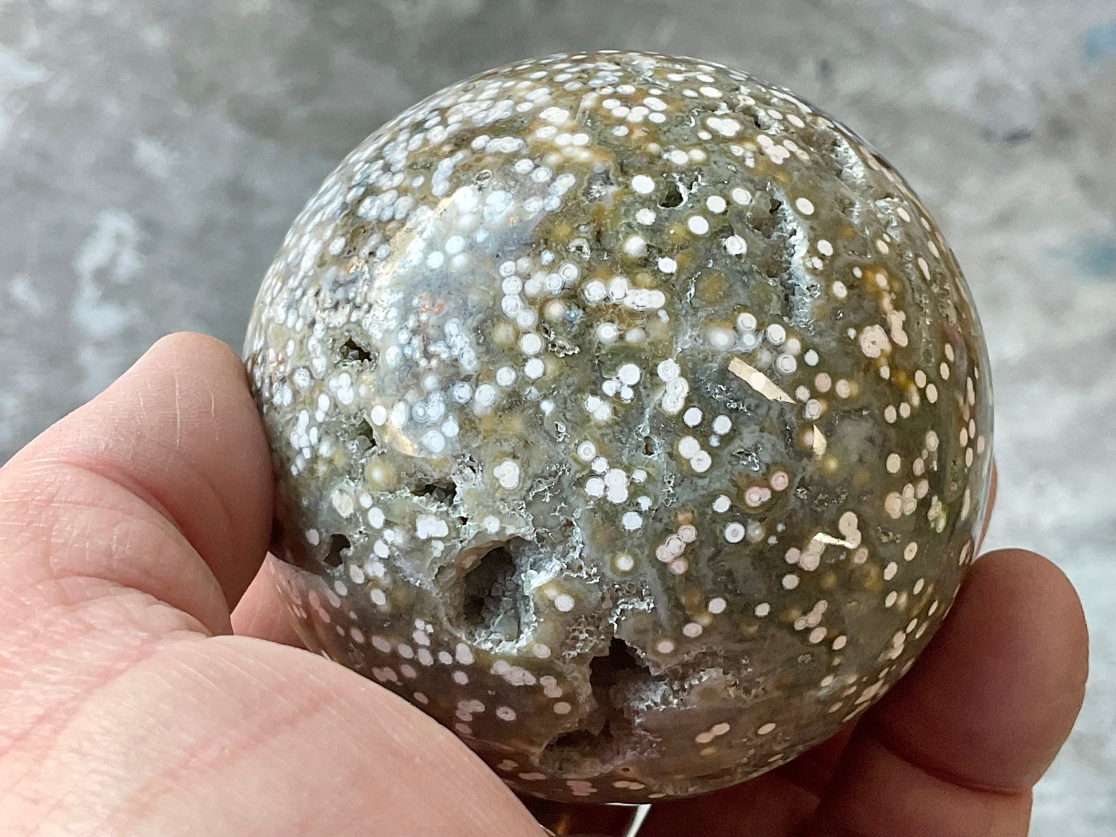 454g Extreme Orbicular Ocean Jasper Sphere 1B
