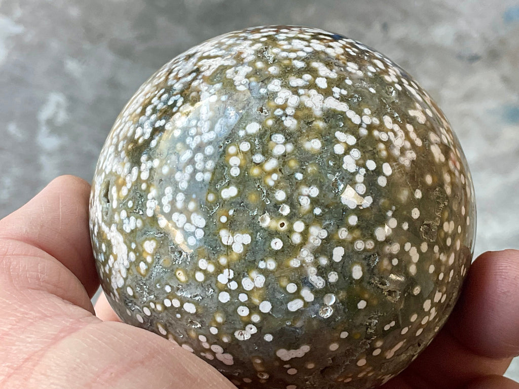 454g Extreme Orbicular Ocean Jasper Sphere 1B