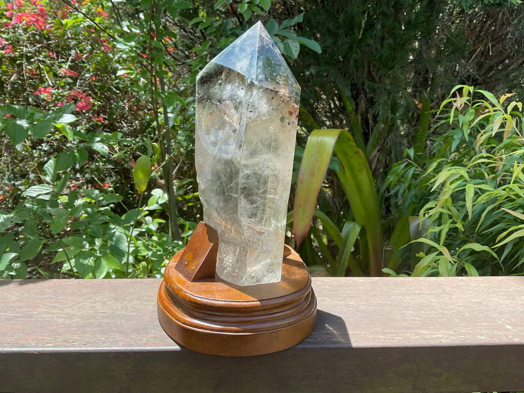 2788g XXL Garden Quartz Polished Point with custom wooden stand.
