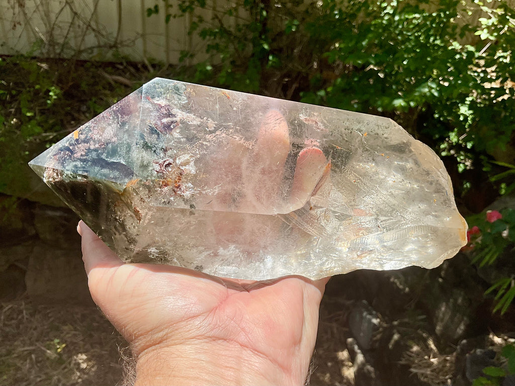 2788g XXL Garden Quartz Polished Point with custom wooden stand.