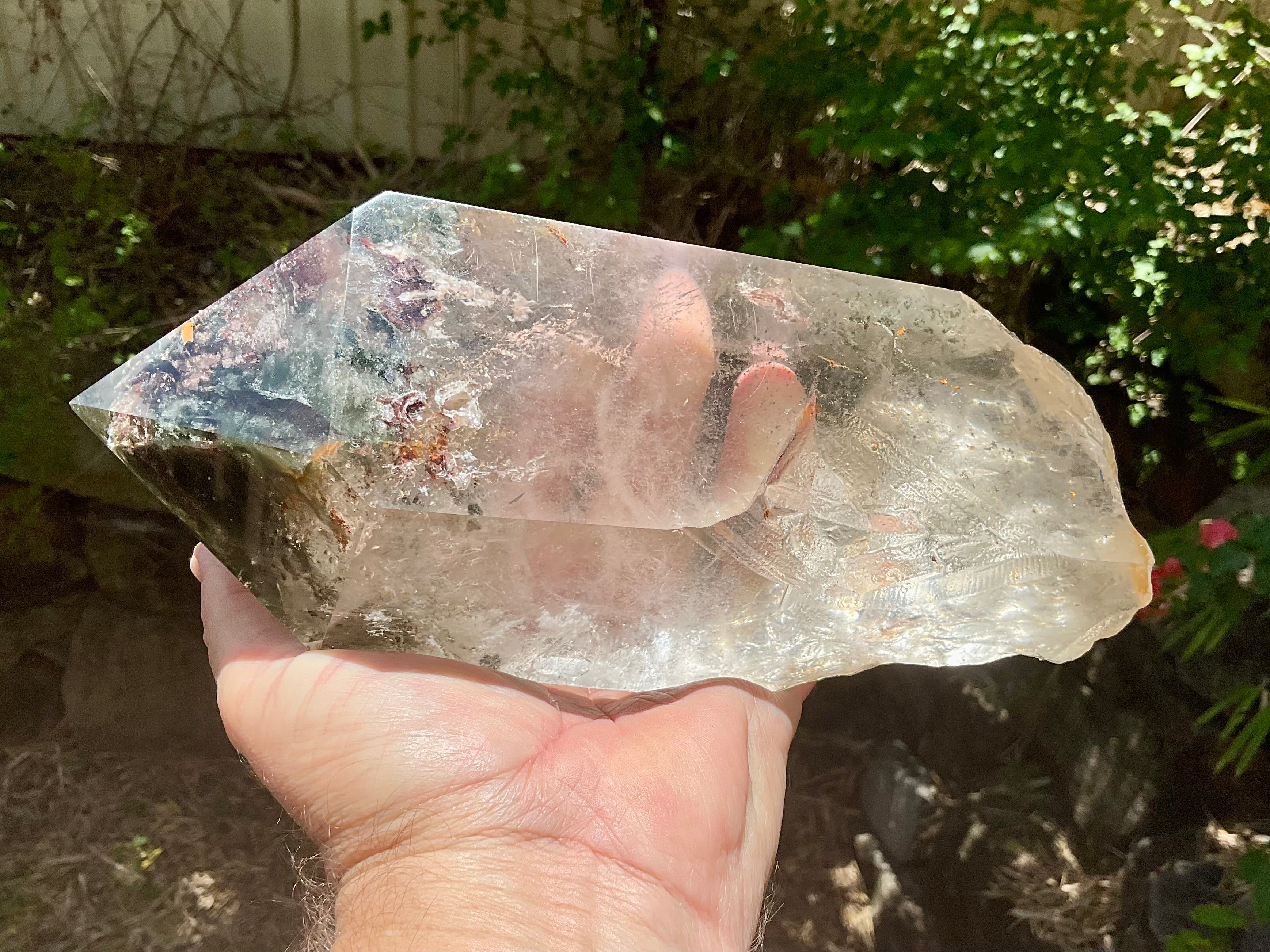 2788g XXL Garden Quartz Polished Point with custom wooden stand.