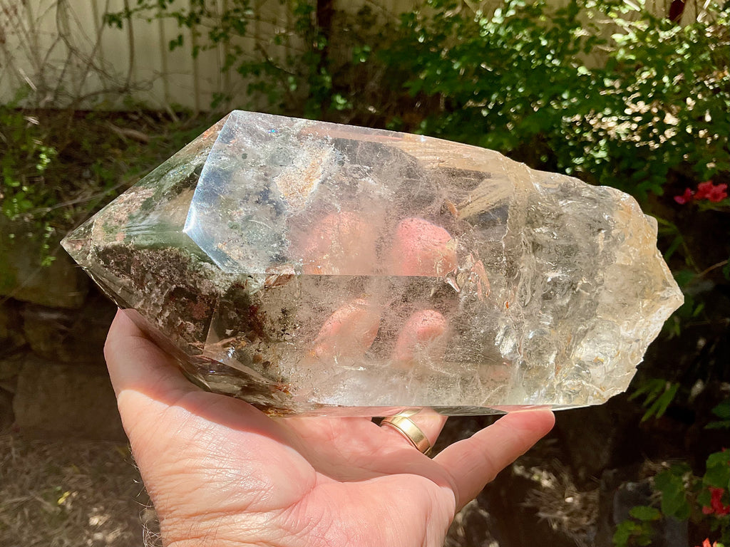 2788g XXL Garden Quartz Polished Point with custom wooden stand.