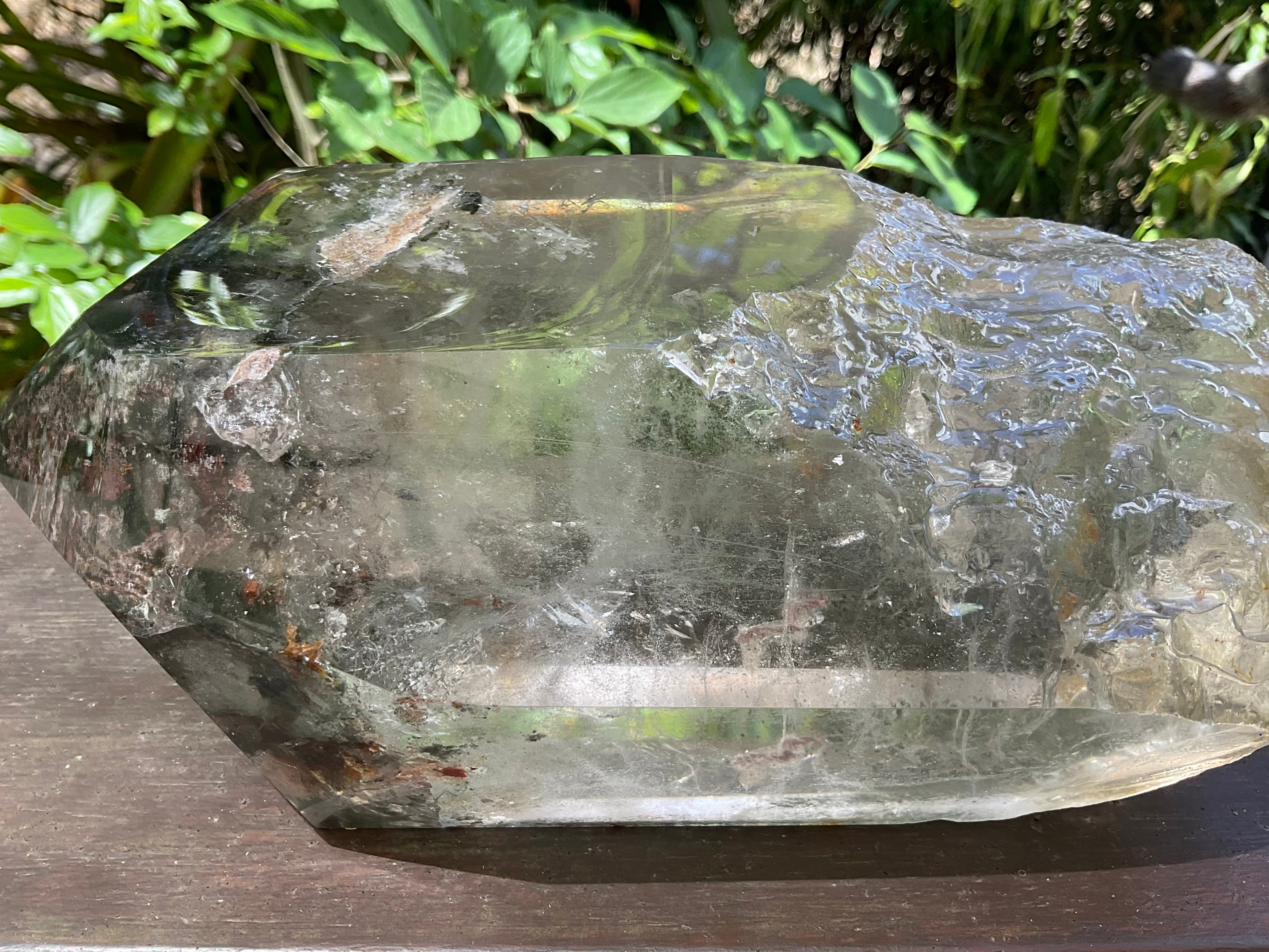 2788g XXL Garden Quartz Polished Point with custom wooden stand.