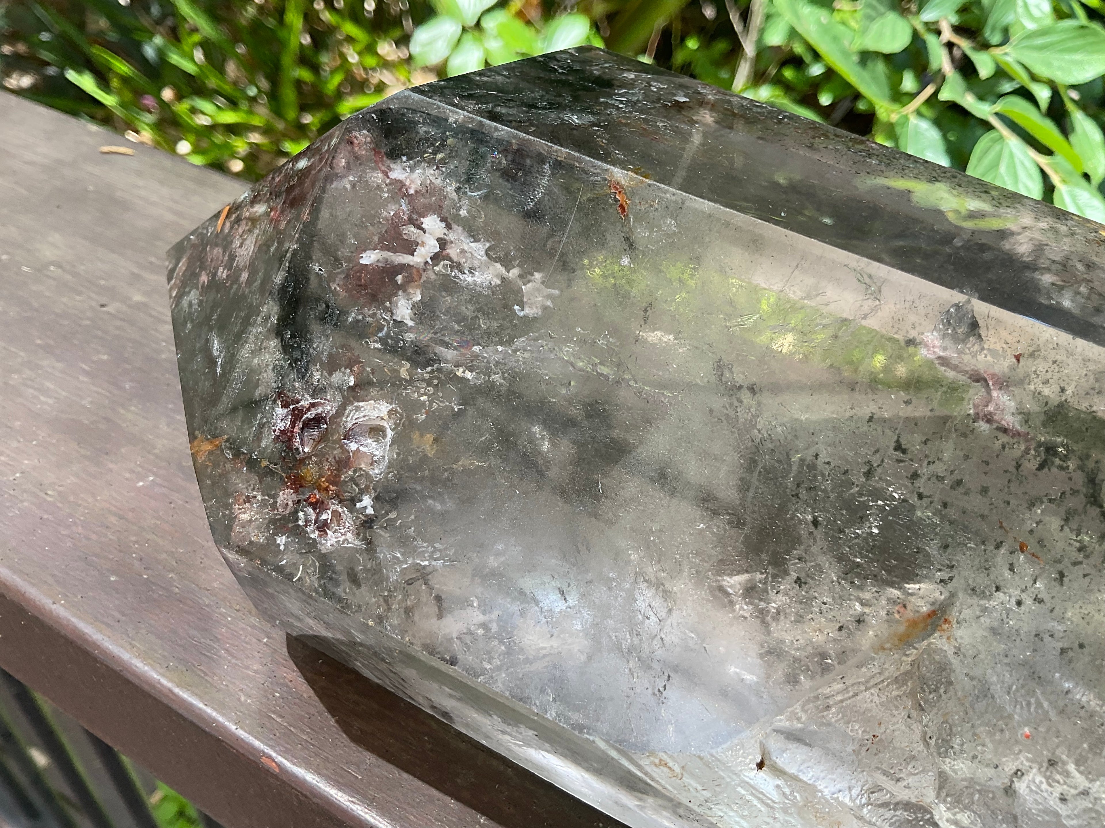 2788g XXL Garden Quartz Polished Point with custom wooden stand.