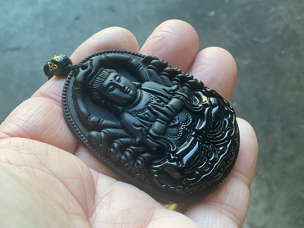 70g Carved Obsidian Buddha Necklace