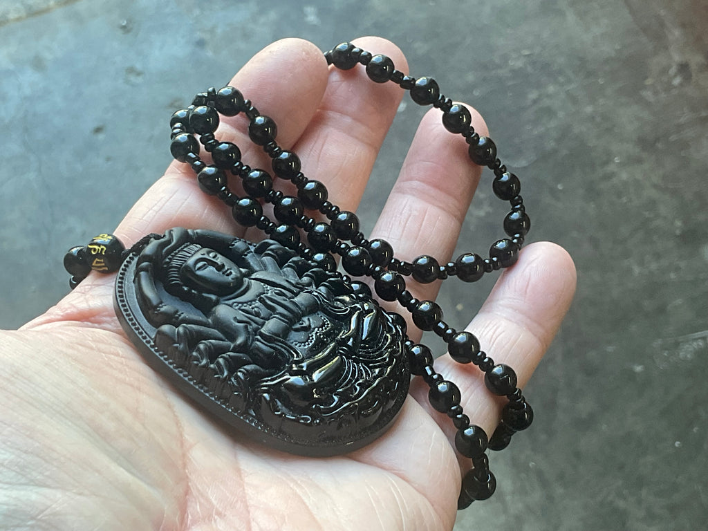 70g Carved Obsidian Buddha Necklace