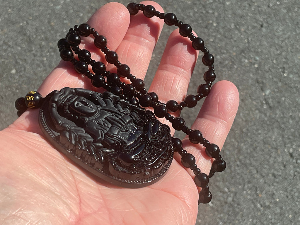 70g Carved Obsidian Buddha Necklace
