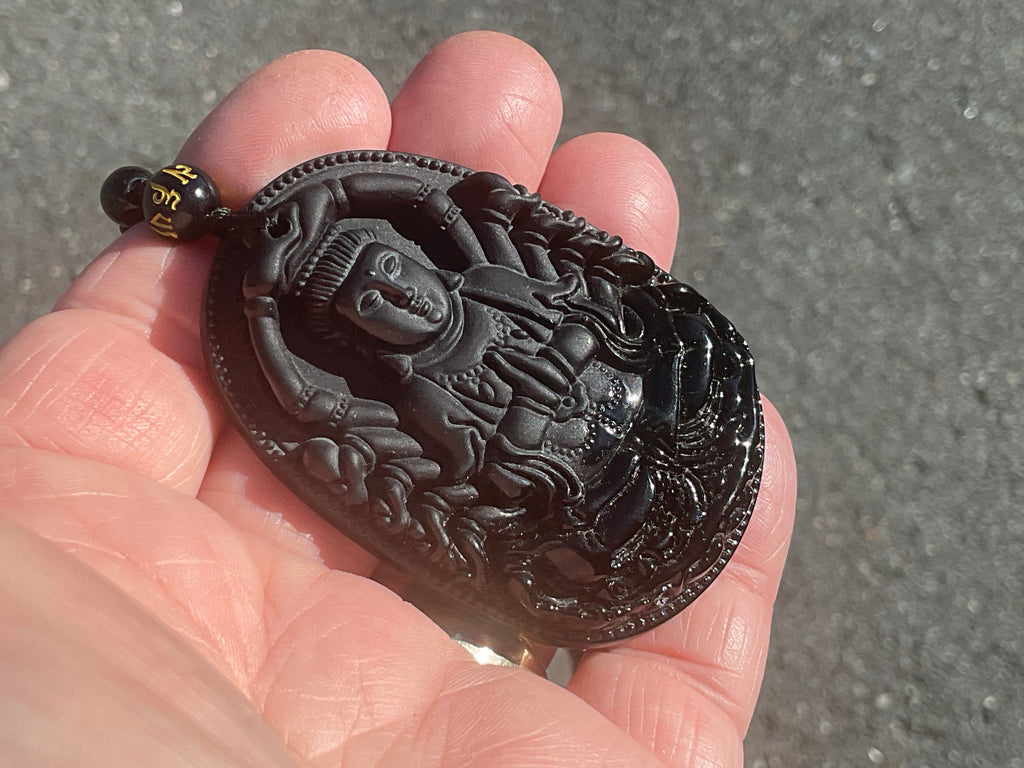 70g Carved Obsidian Buddha Necklace
