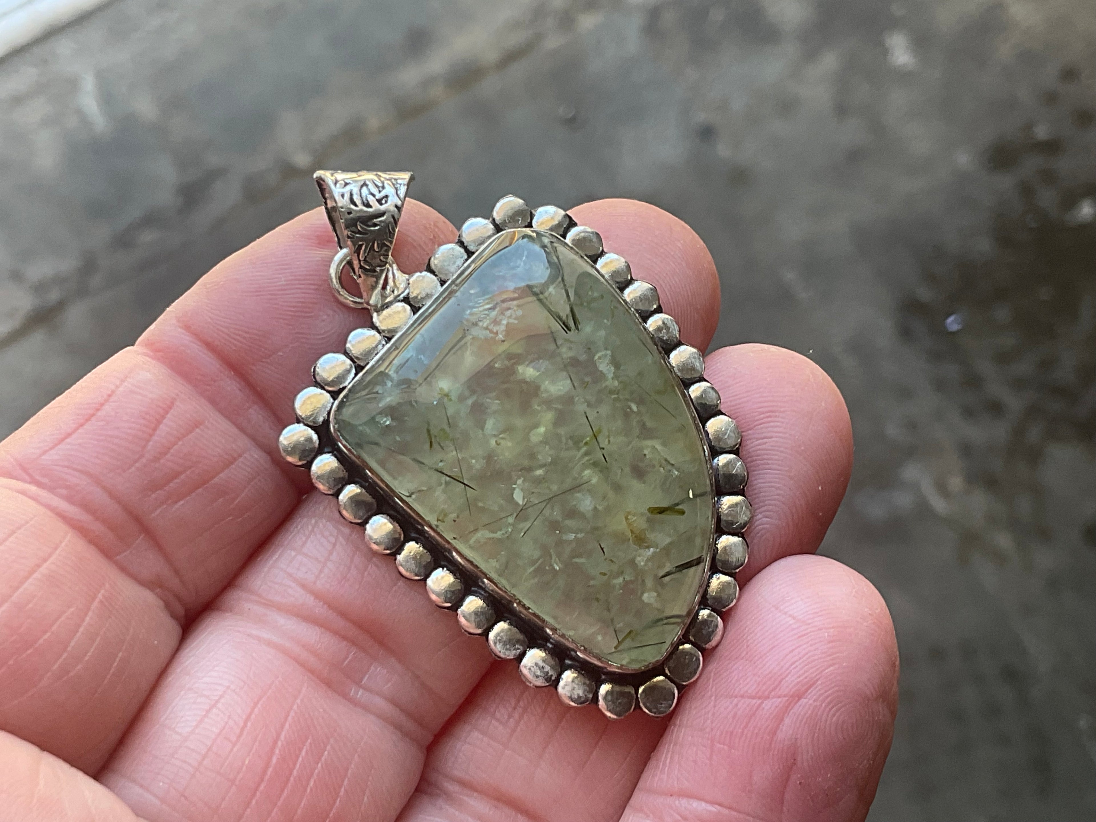 14g Antique Style Epidote in Prehnite Pendant 2A