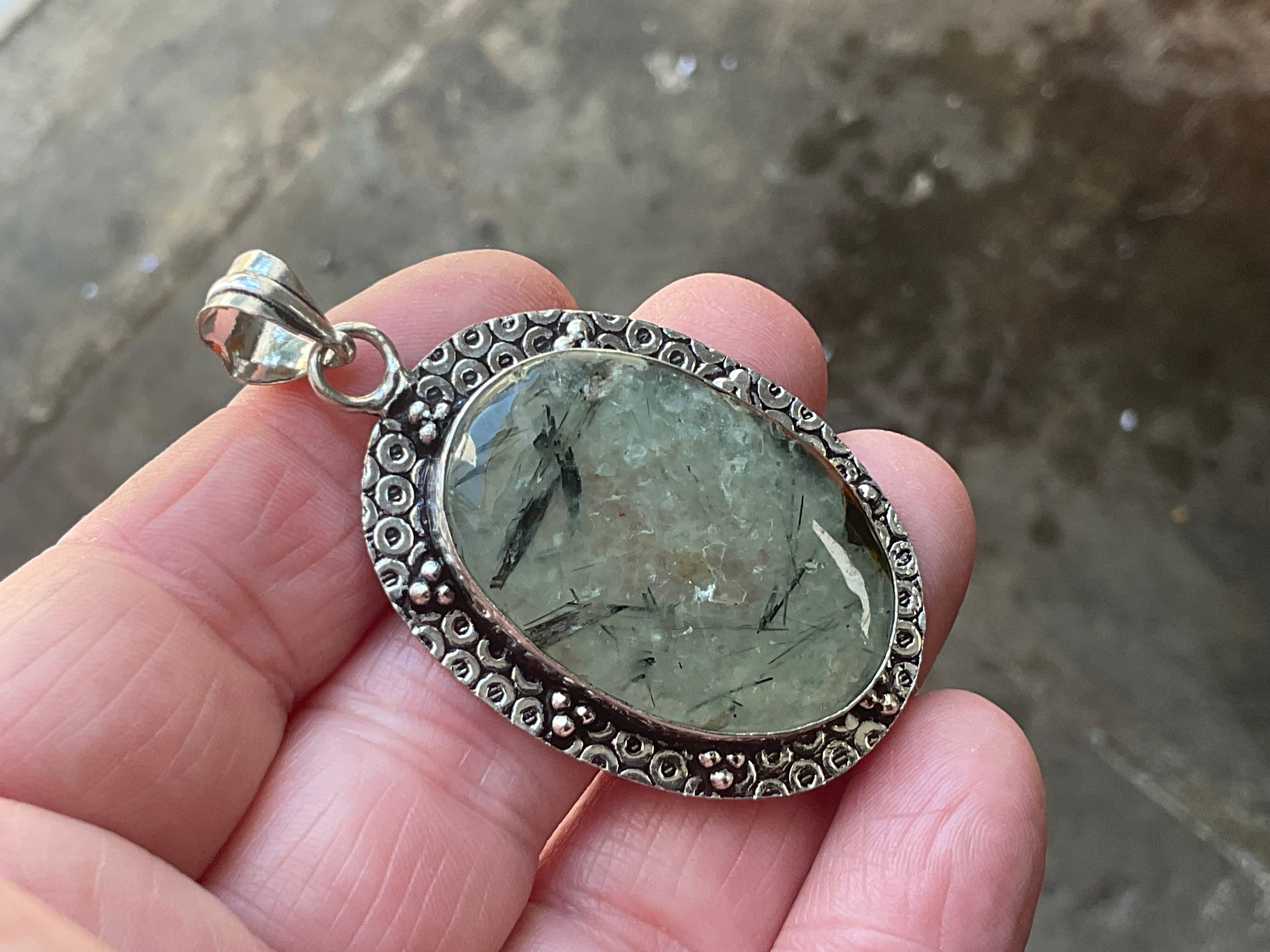 14g Antique Style Epidote in Prehnite Pendant 4A