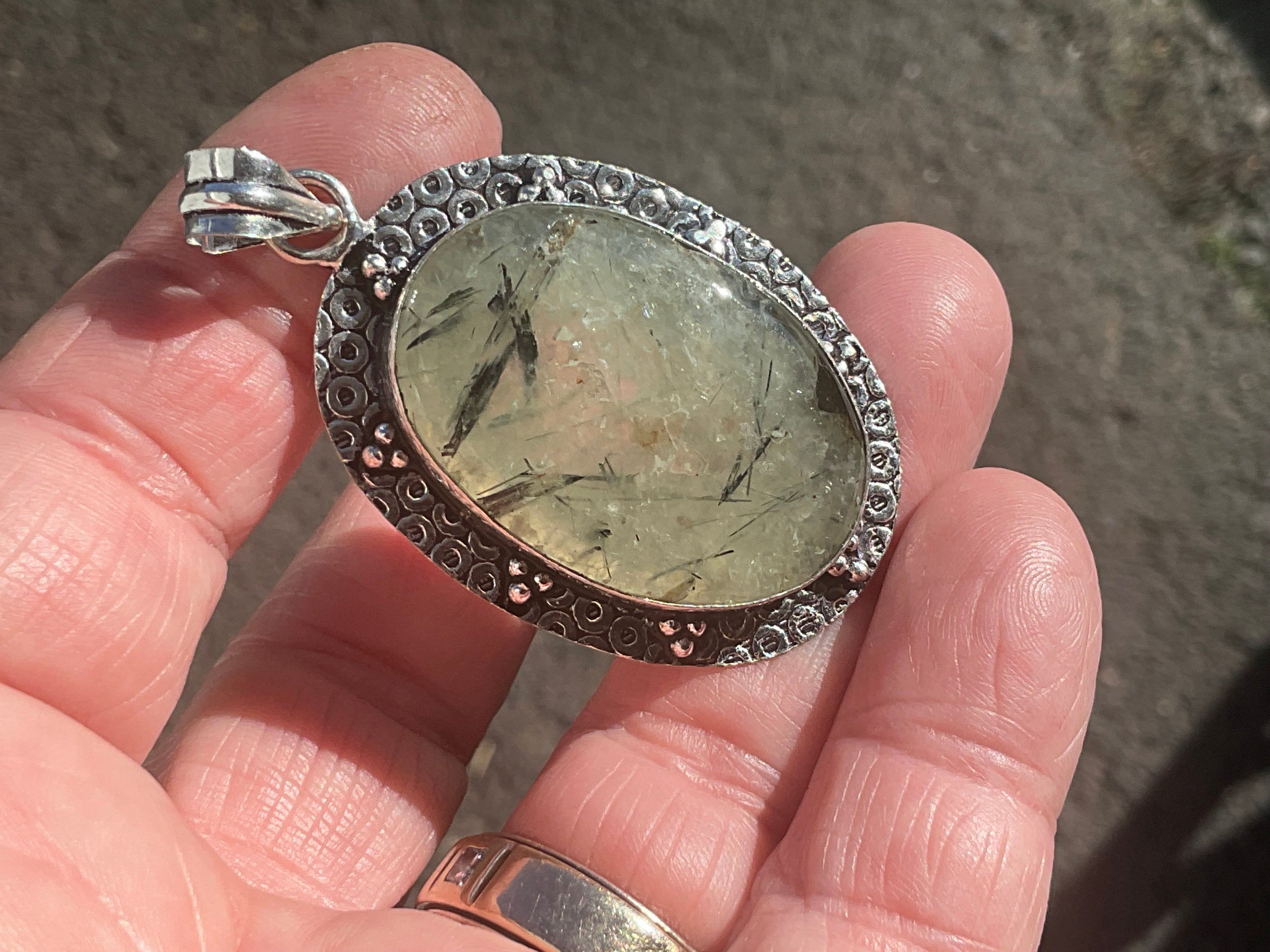 14g Antique Style Epidote in Prehnite Pendant 4A