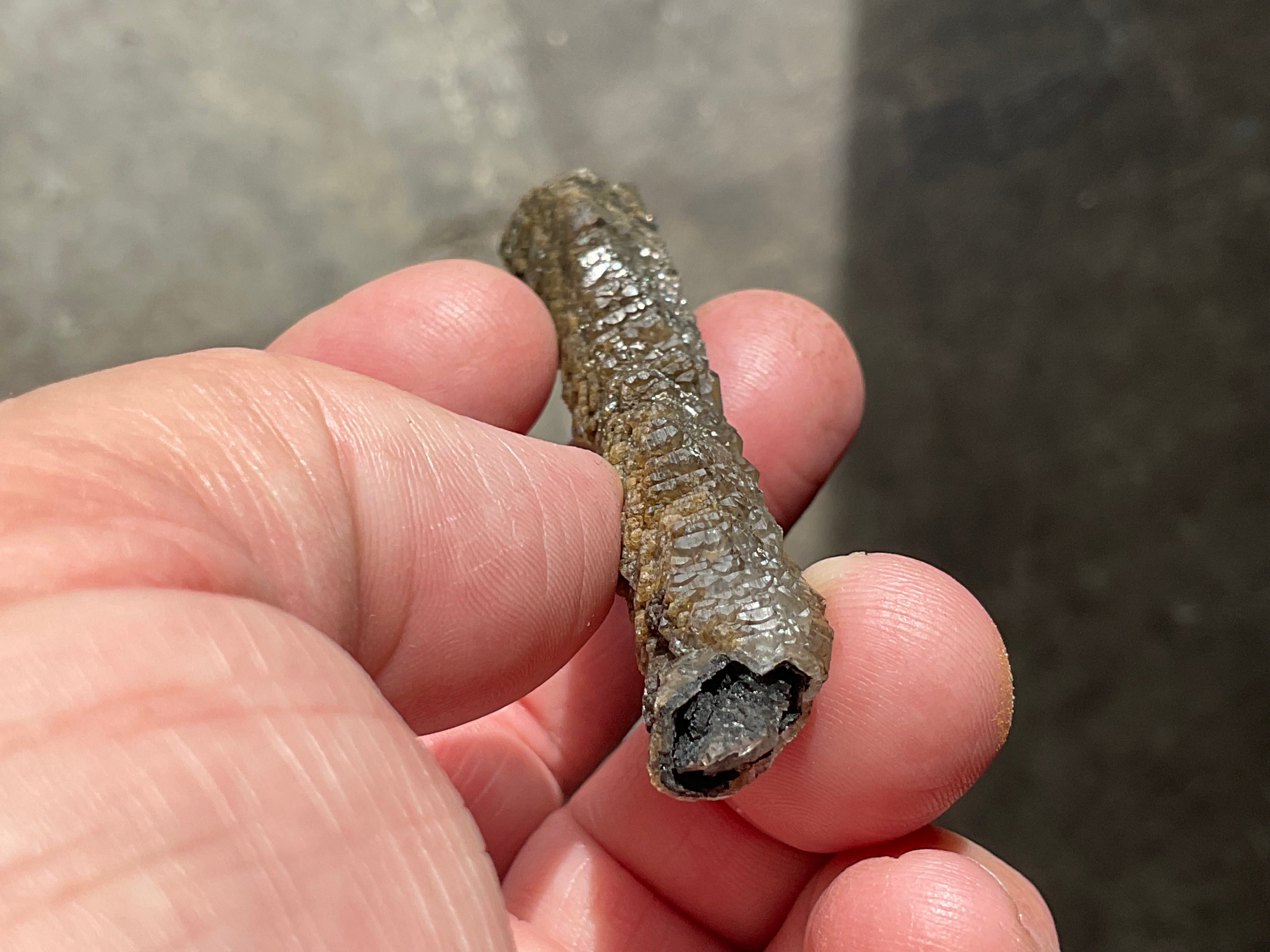 12g Stepped Brown Calcite Tube with Graphite Specimen 3A