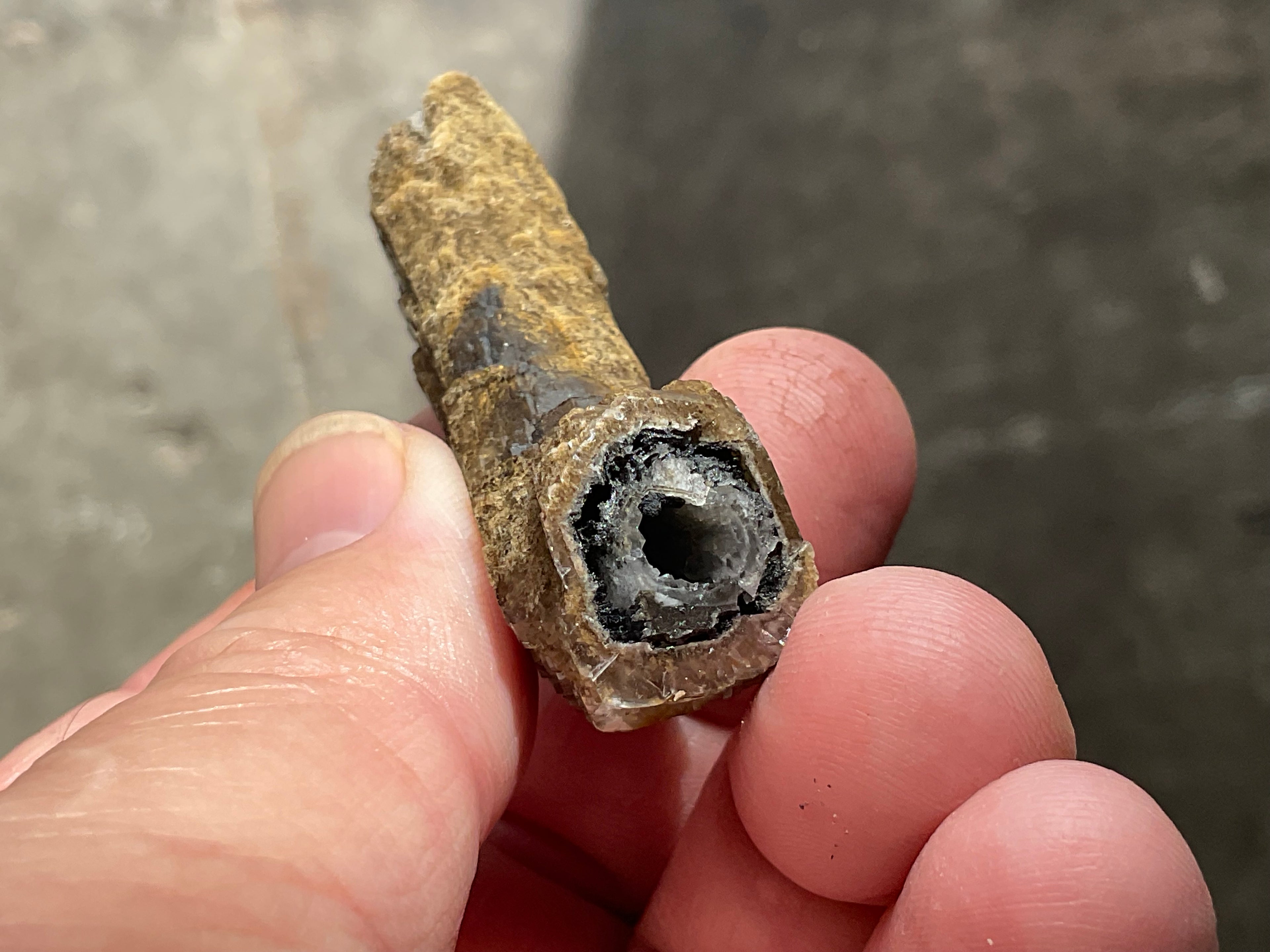 18g Stepped Brown Calcite Tube with Graphite Specimen 4A