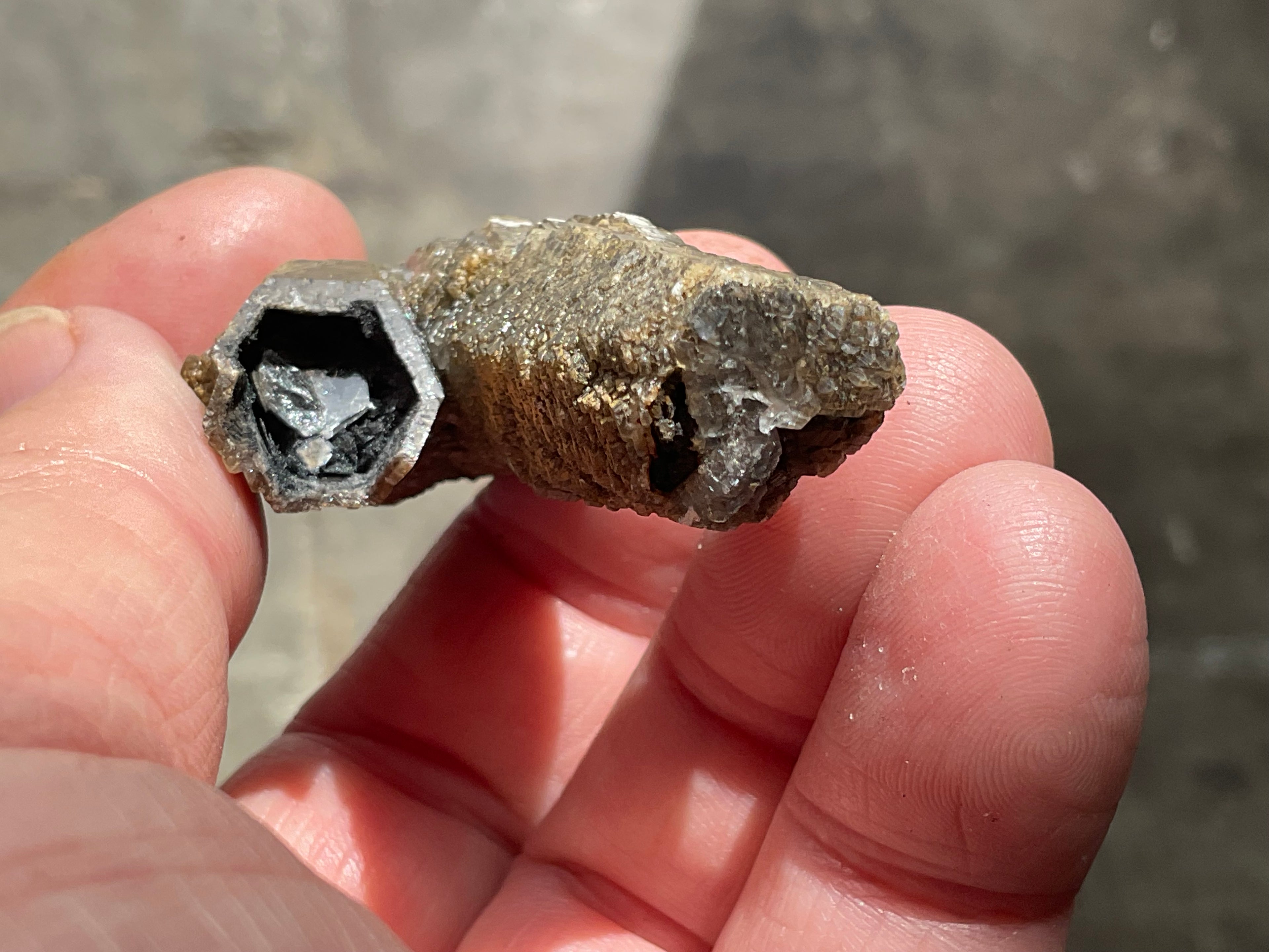 18g Stepped Brown Calcite Tube with Graphite Specimen 4B