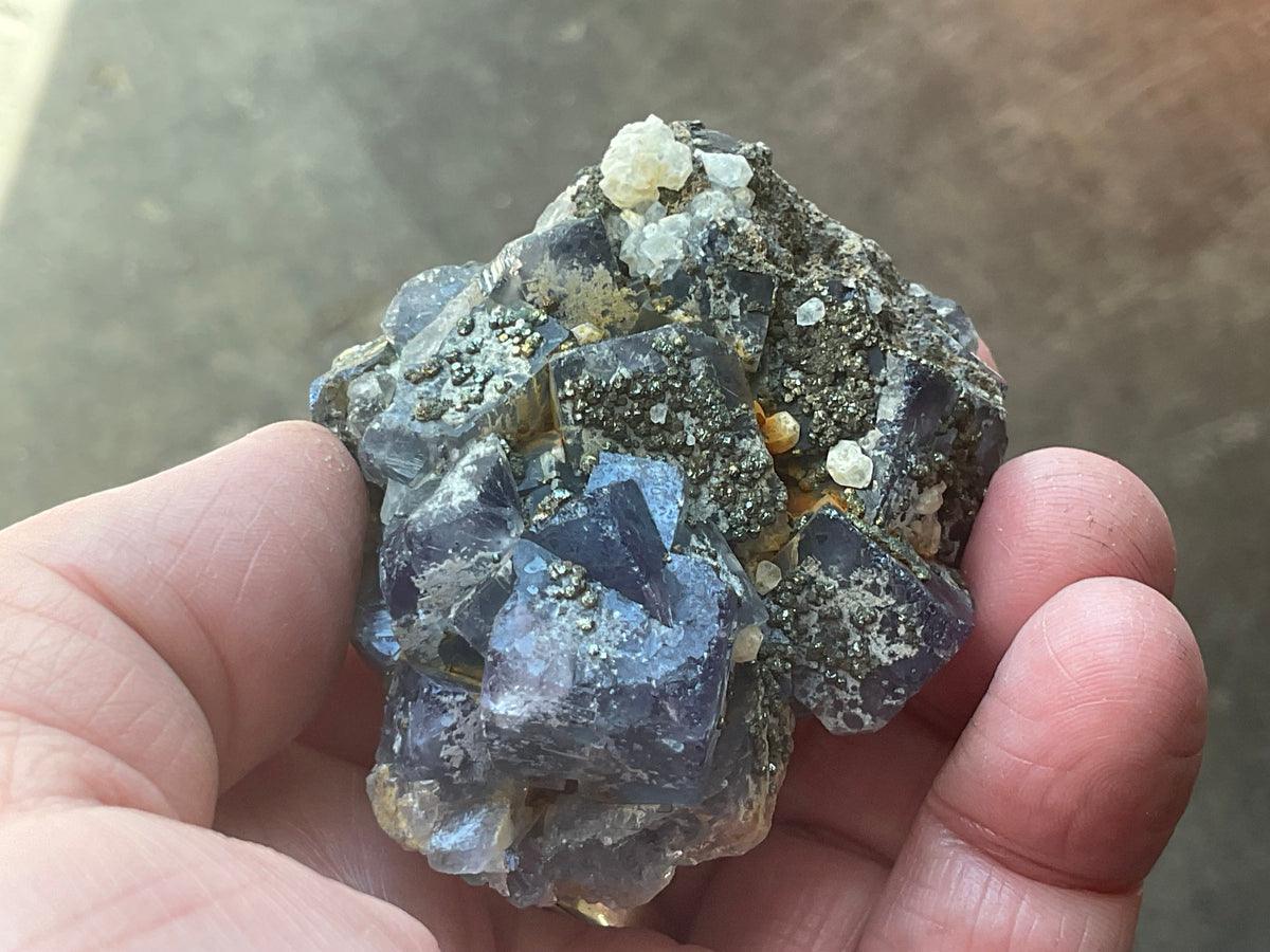 192g Chalcopyrite encrusted cubic purple Fluorite Specimen 1B from Hunan, China