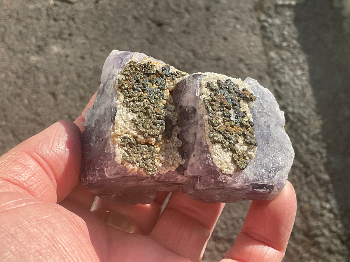 200g Chalcopyrite encrusted cubic purple Fluorite specimen 2A from Hunan, China