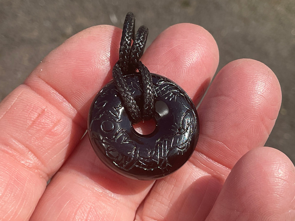Small Black Obsidian Carved Double Dragon Pendant