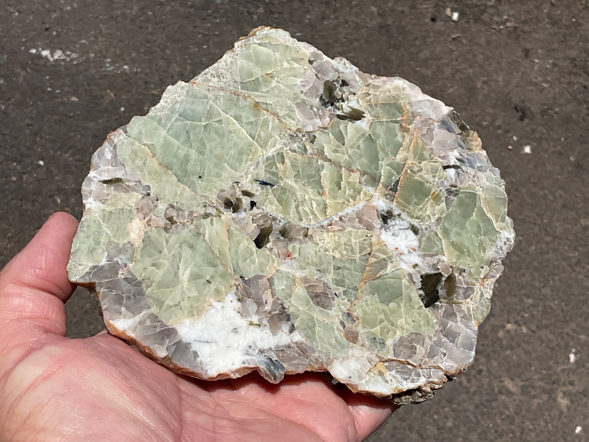592g Green Beryl, Smokey Quartz and Mica Polished Slab from Yinnietharra