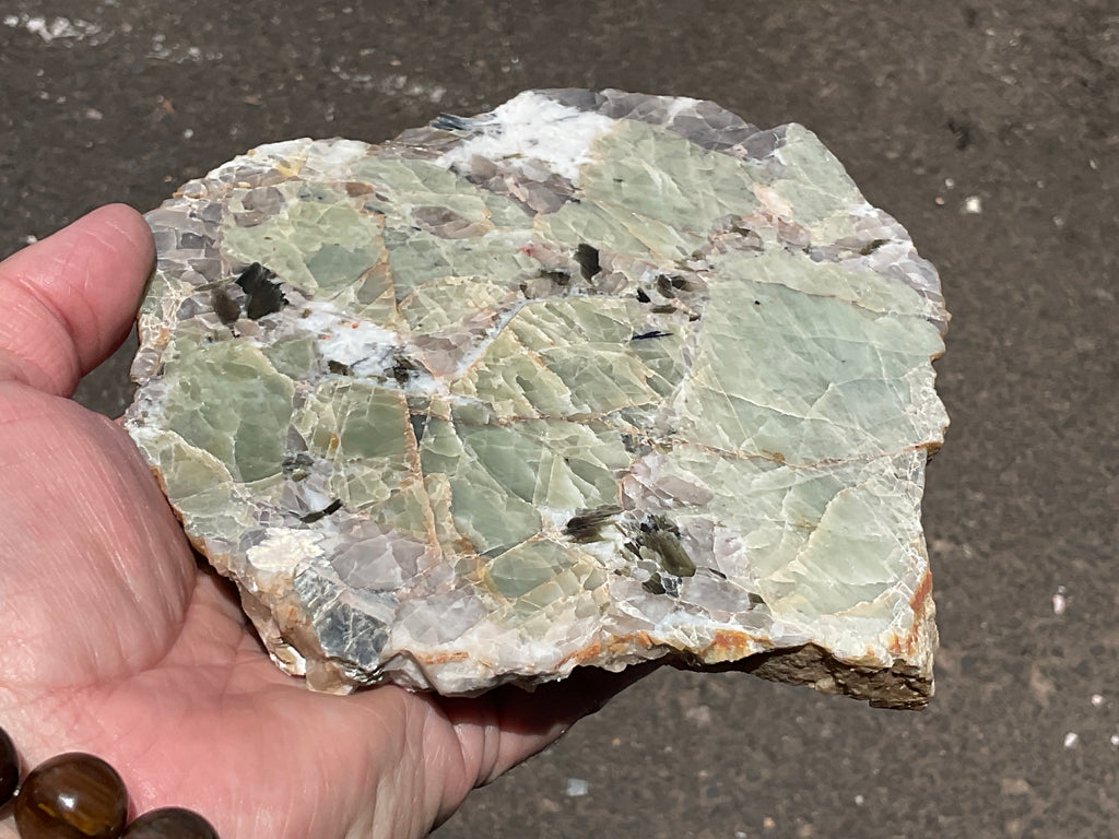 592g Green Beryl, Smokey Quartz and Mica Polished Slab from Yinnietharra
