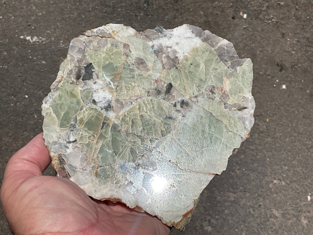 592g Green Beryl, Smokey Quartz and Mica Polished Slab from Yinnietharra
