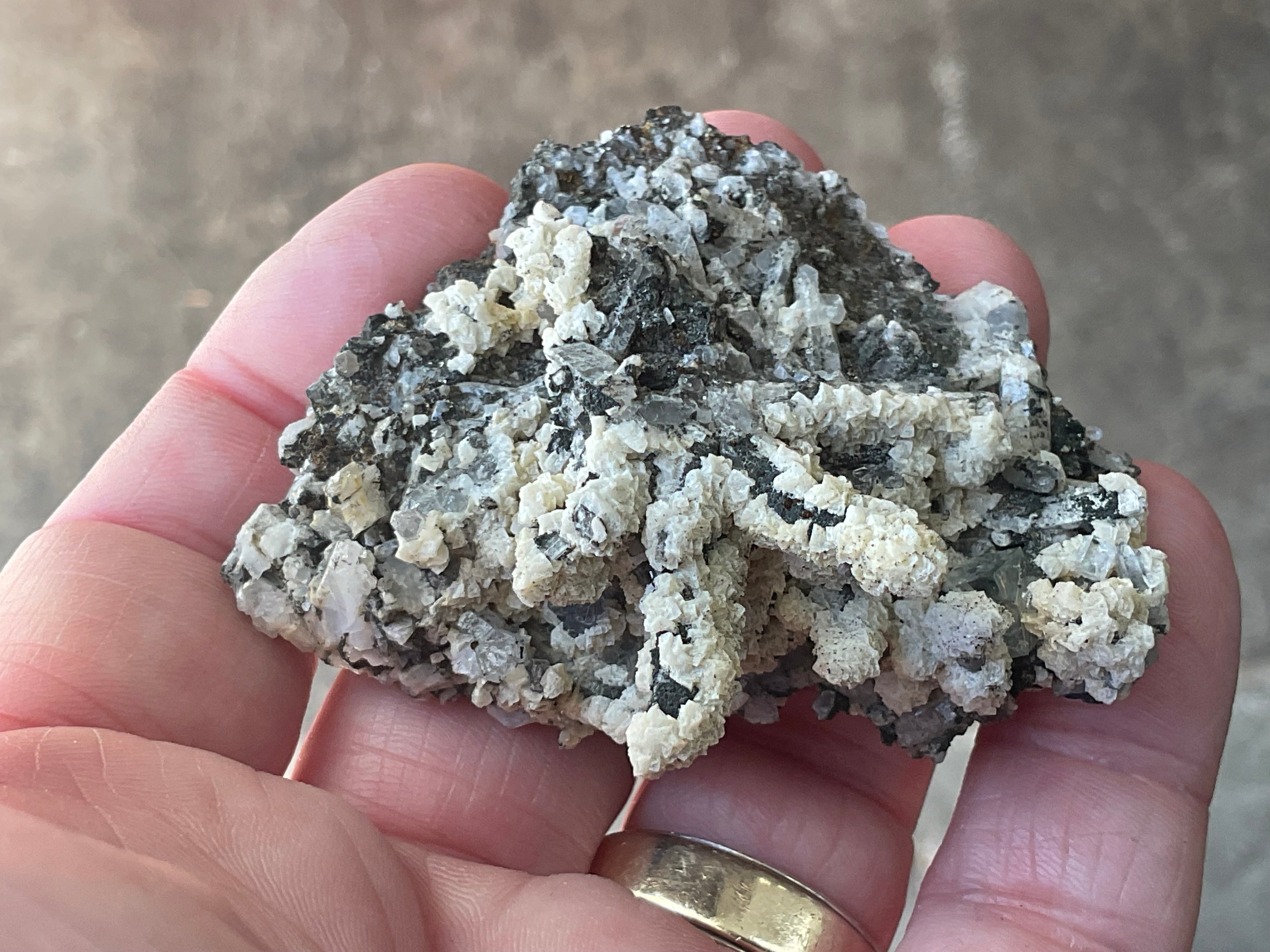 72g Quartz With Secondary Bladed Calcite, Chalcopyrite and Clear Cubic Fluorite Specimen