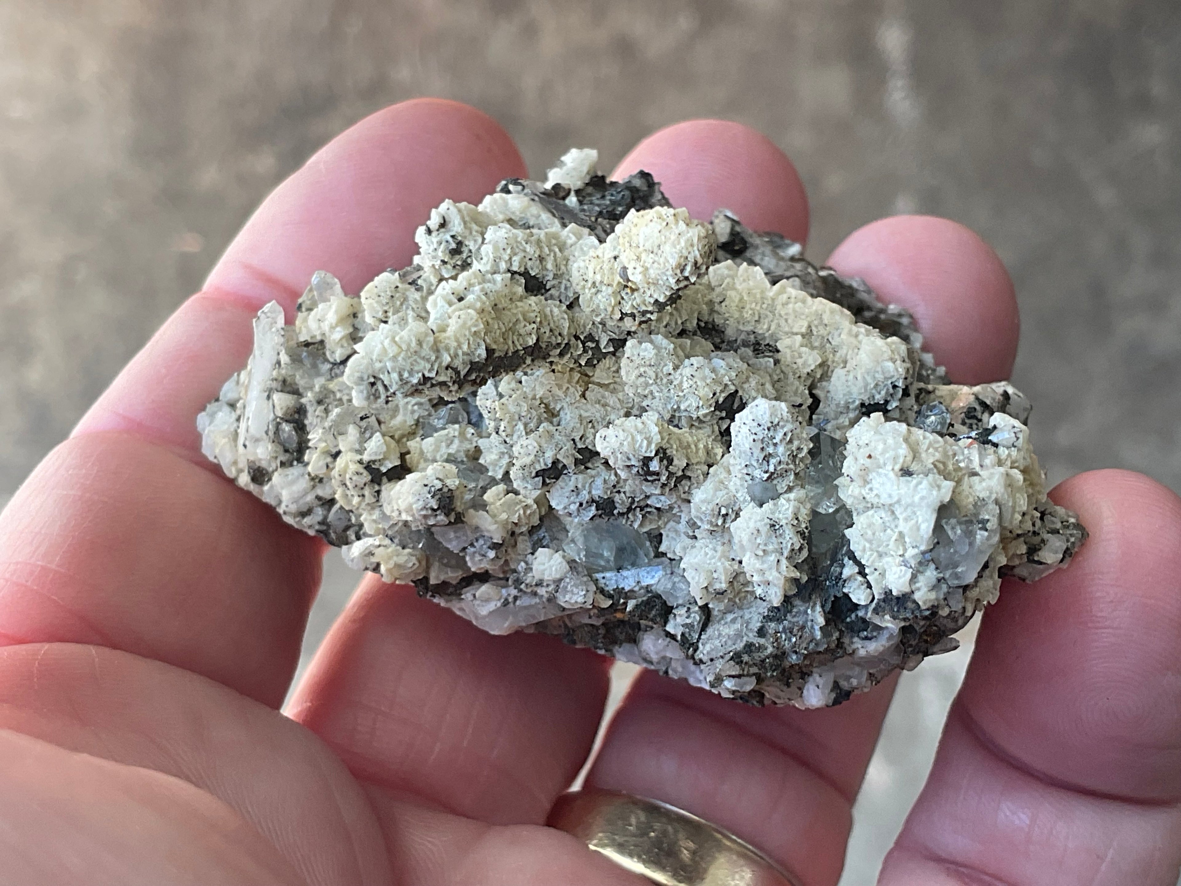 72g Quartz With Secondary Bladed Calcite, Chalcopyrite and Clear Cubic Fluorite Specimen