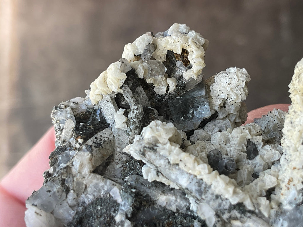 72g Quartz With Secondary Bladed Calcite, Chalcopyrite and Clear Cubic Fluorite Specimen