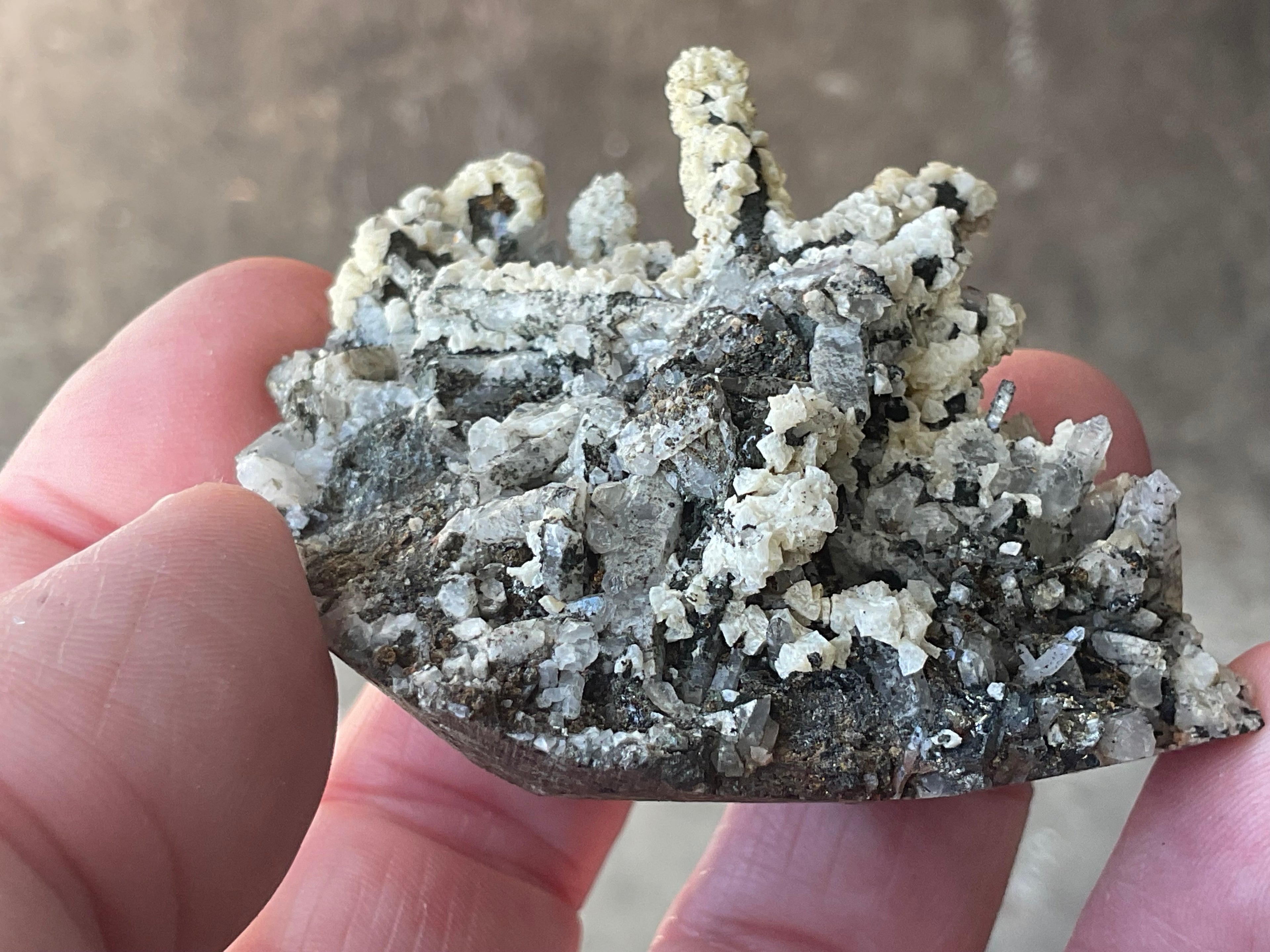 72g Quartz With Secondary Bladed Calcite, Chalcopyrite and Clear Cubic Fluorite Specimen