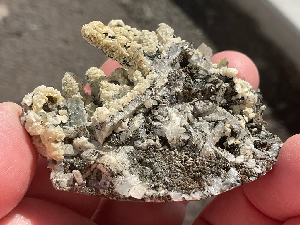 72g Quartz With Secondary Bladed Calcite, Chalcopyrite and Clear Cubic Fluorite Specimen