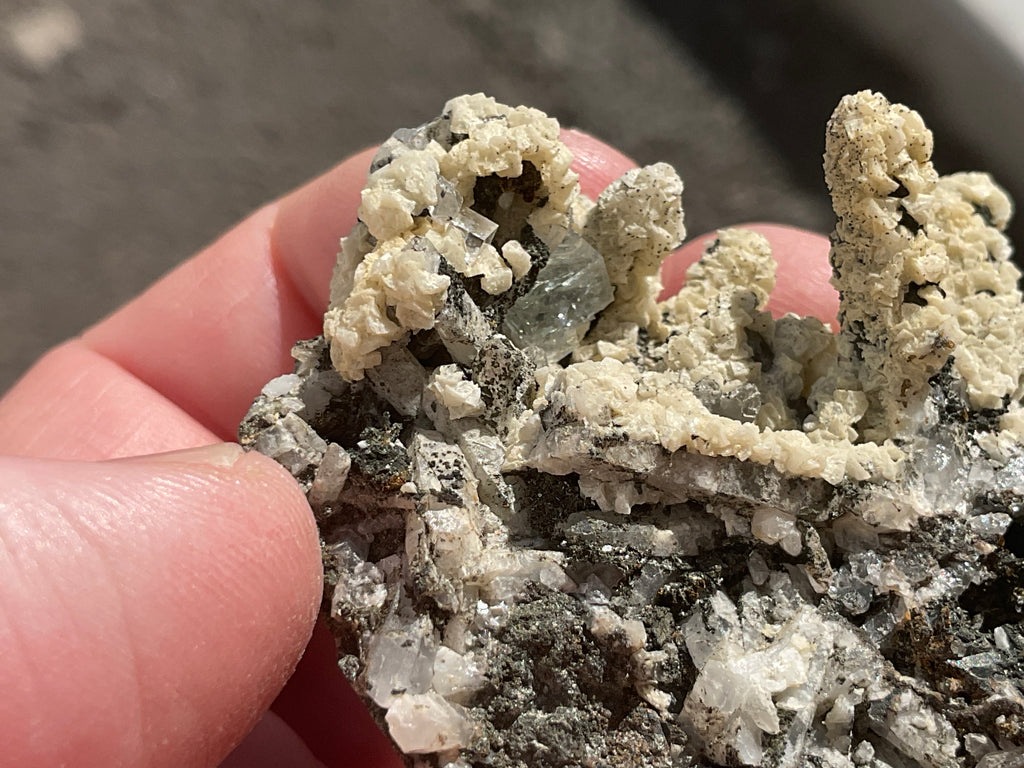 72g Quartz With Secondary Bladed Calcite, Chalcopyrite and Clear Cubic Fluorite Specimen