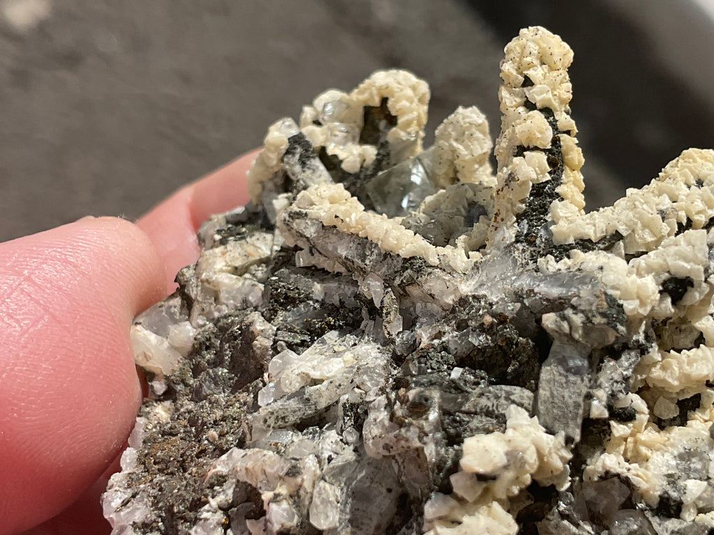 72g Quartz With Secondary Bladed Calcite, Chalcopyrite and Clear Cubic Fluorite Specimen