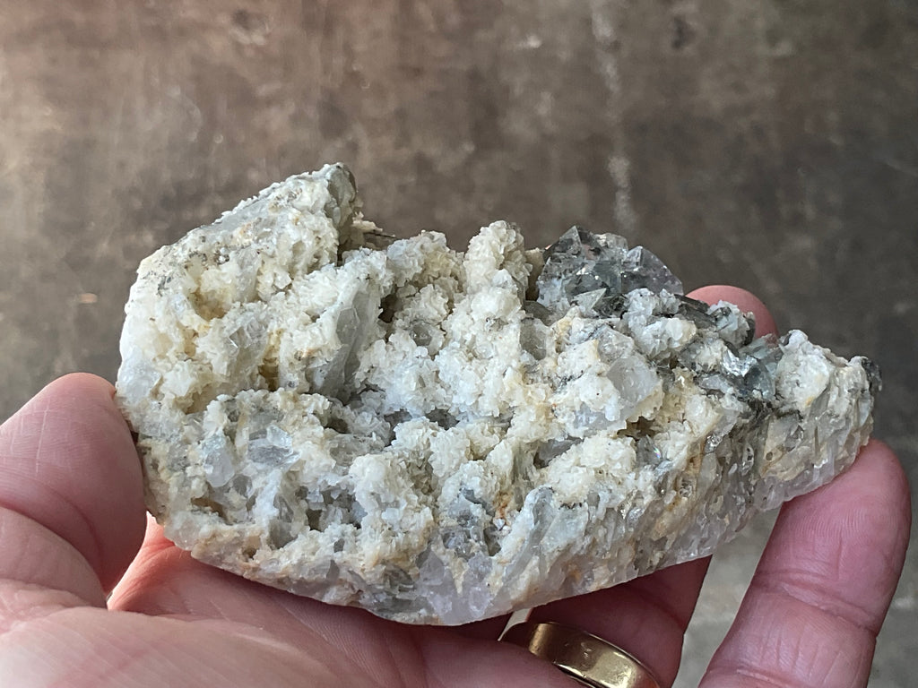 202g Quartz With Secondary Bladed Calcite, Chalcopyrite and Clear Cubic Fluorite Specimen
