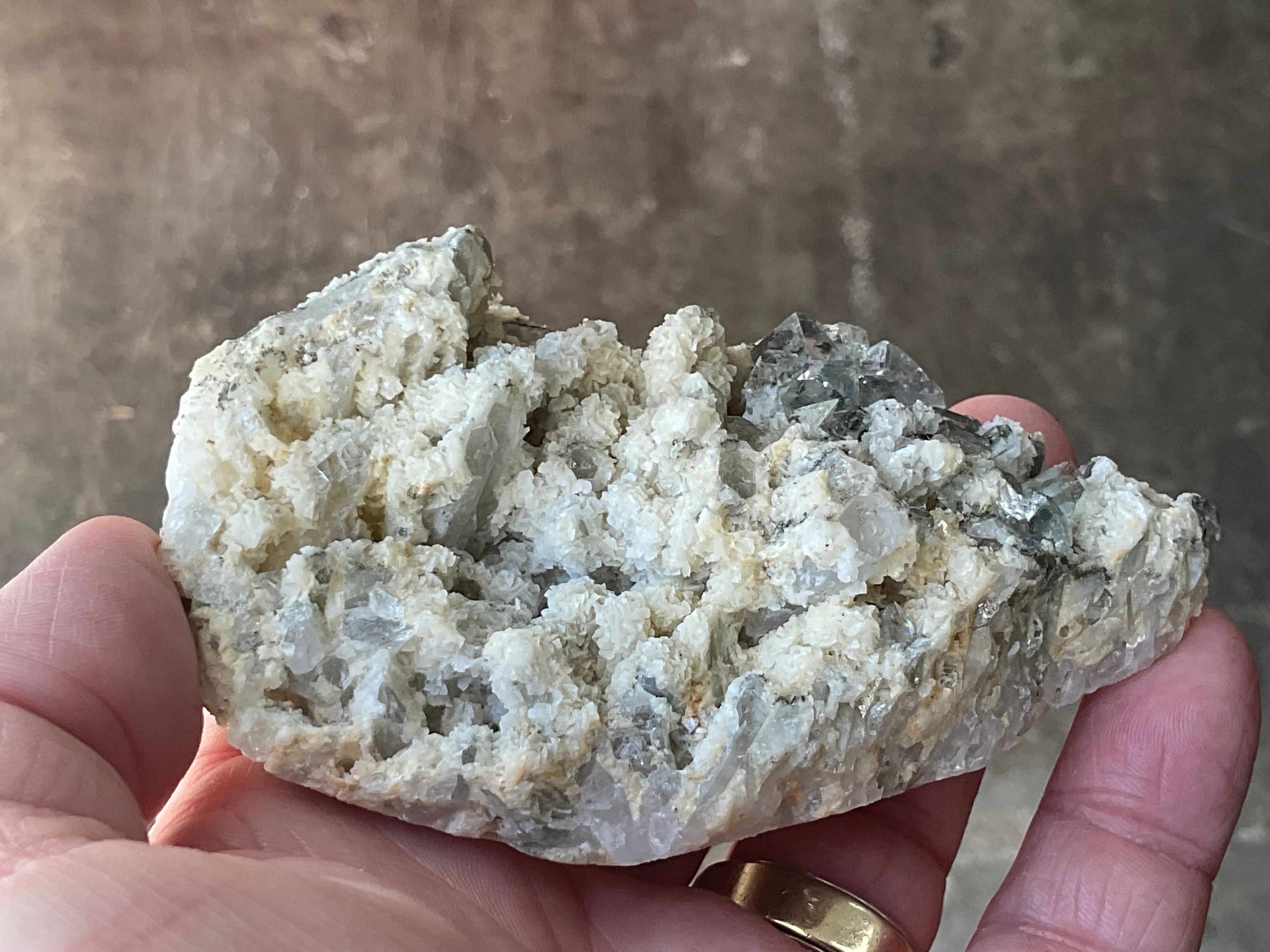 202g Quartz With Secondary Bladed Calcite, Chalcopyrite and Clear Cubic Fluorite Specimen