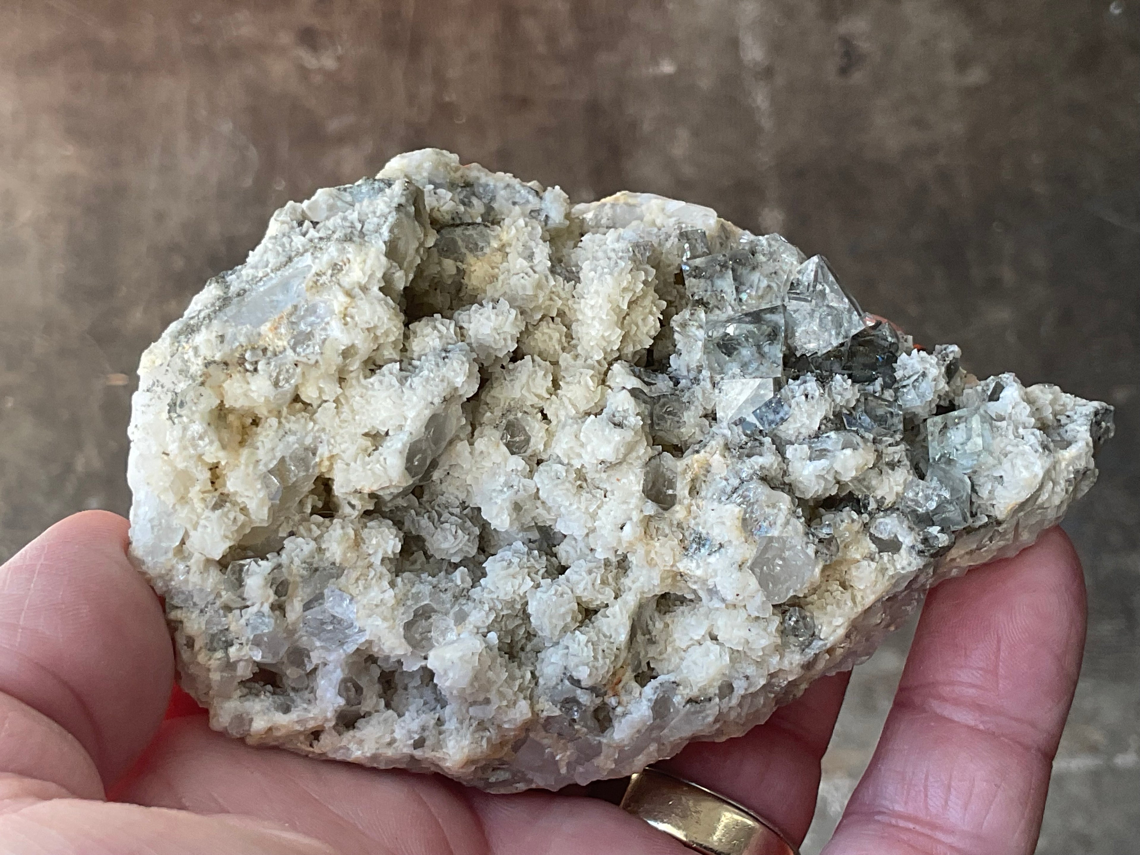 202g Quartz With Secondary Bladed Calcite, Chalcopyrite and Clear Cubic Fluorite Specimen